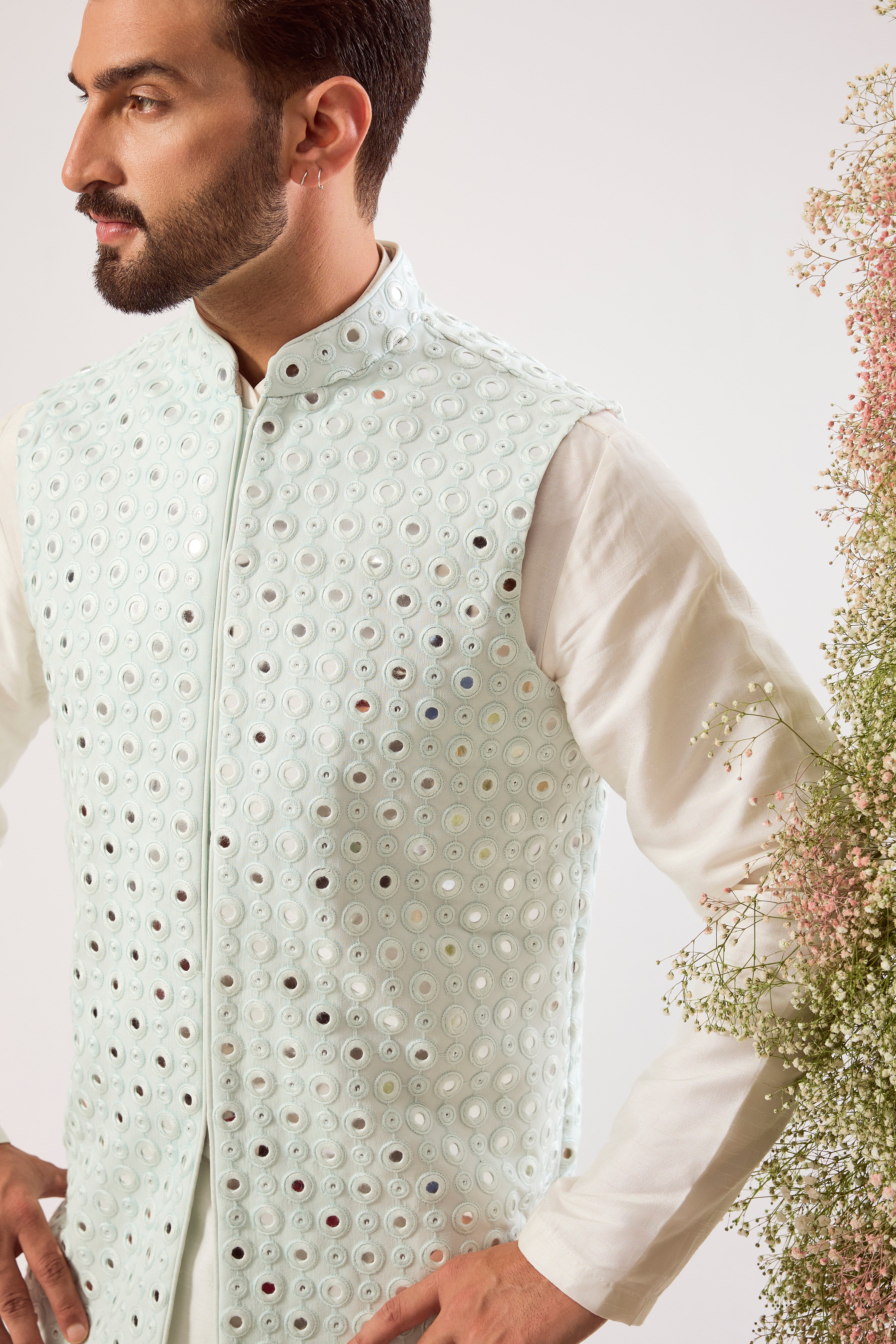 sky blue short nehru jacket with intricate mirror work