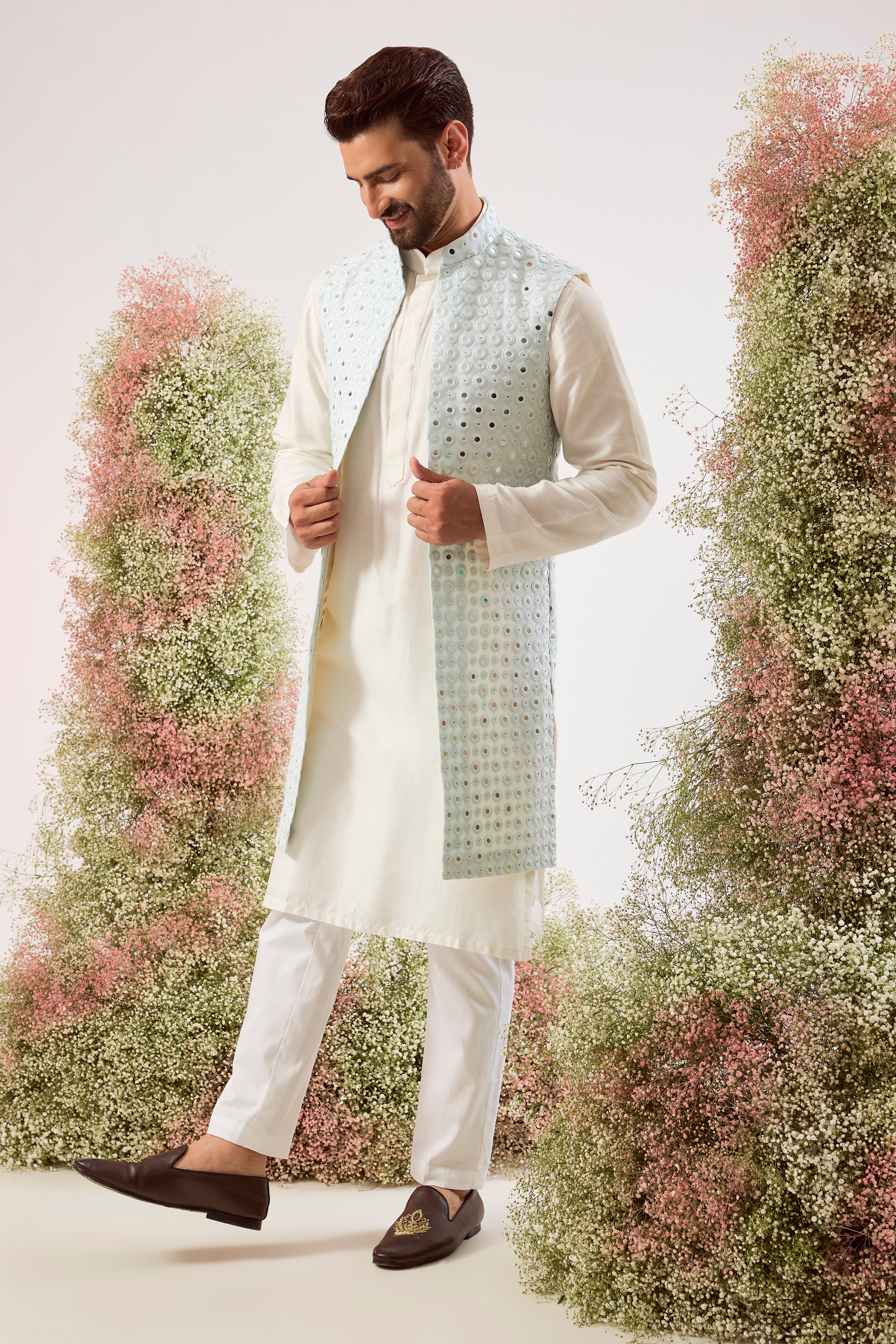 sky blue long open jacket with intricate mirror work