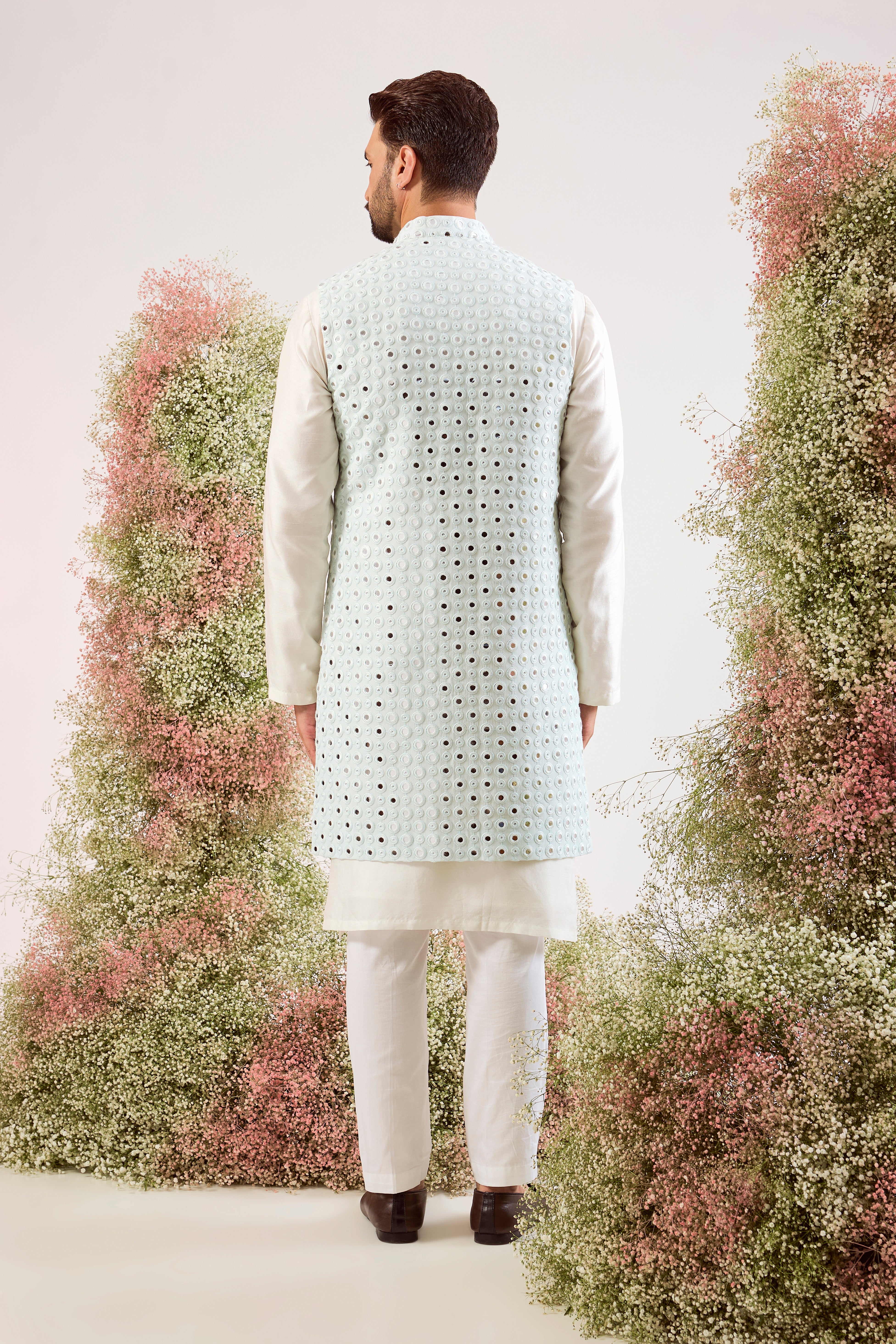 sky blue long open jacket with intricate mirror work