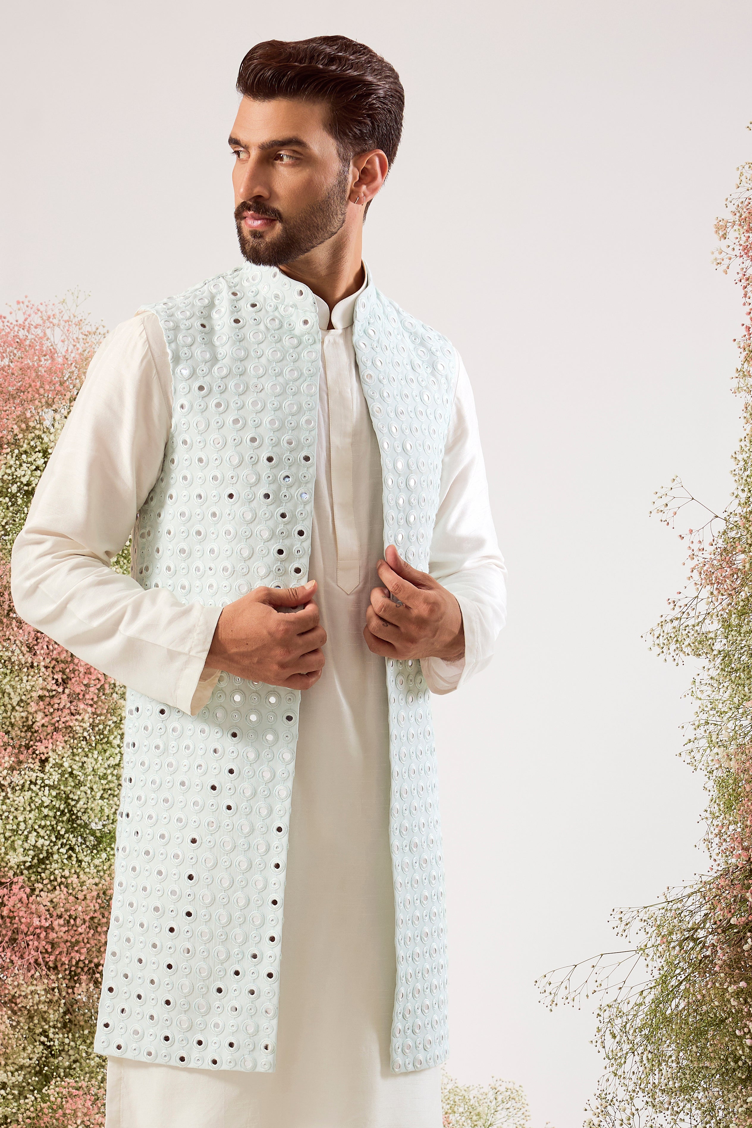 sky blue long open jacket with intricate mirror work