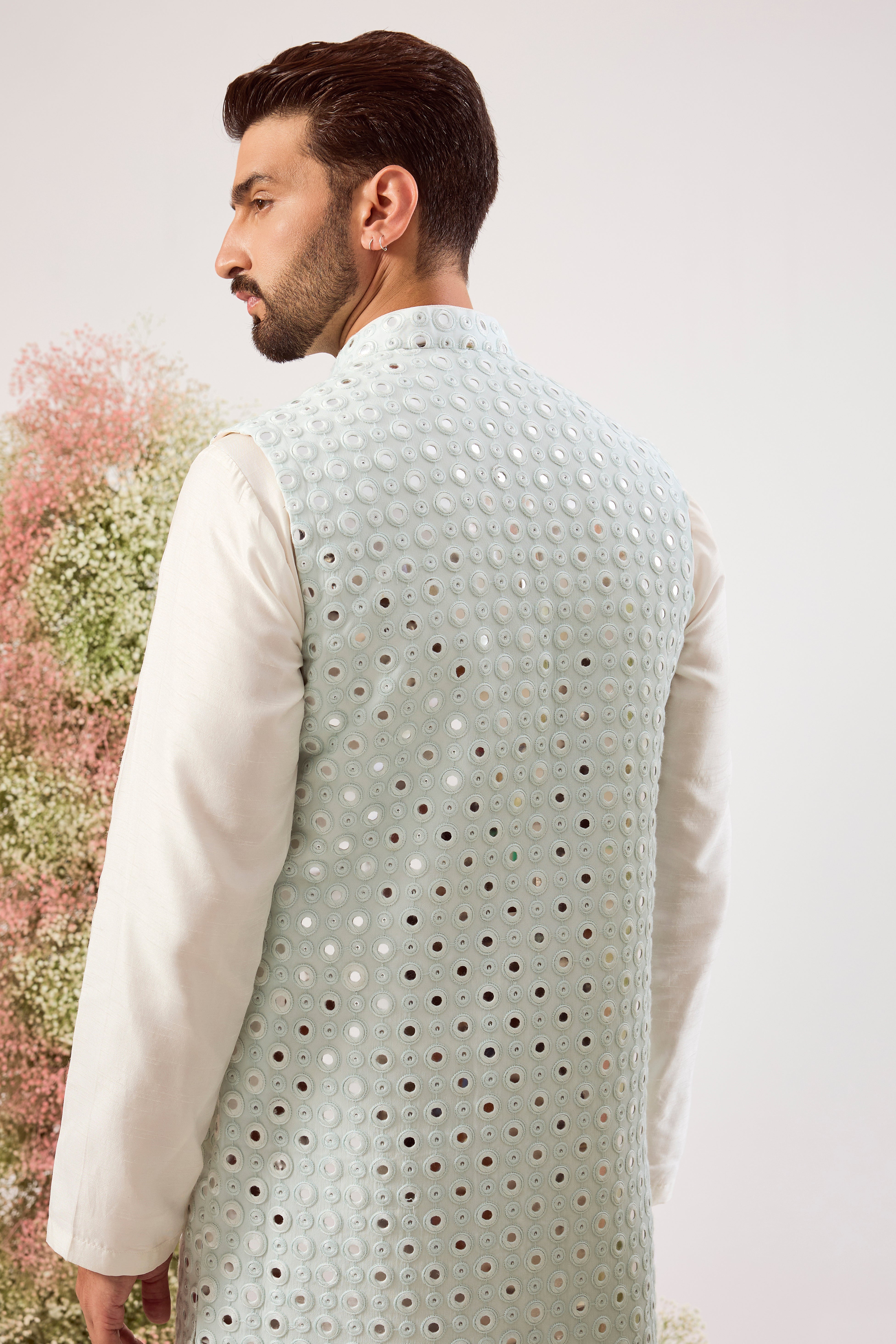 sky blue long open jacket with intricate mirror work