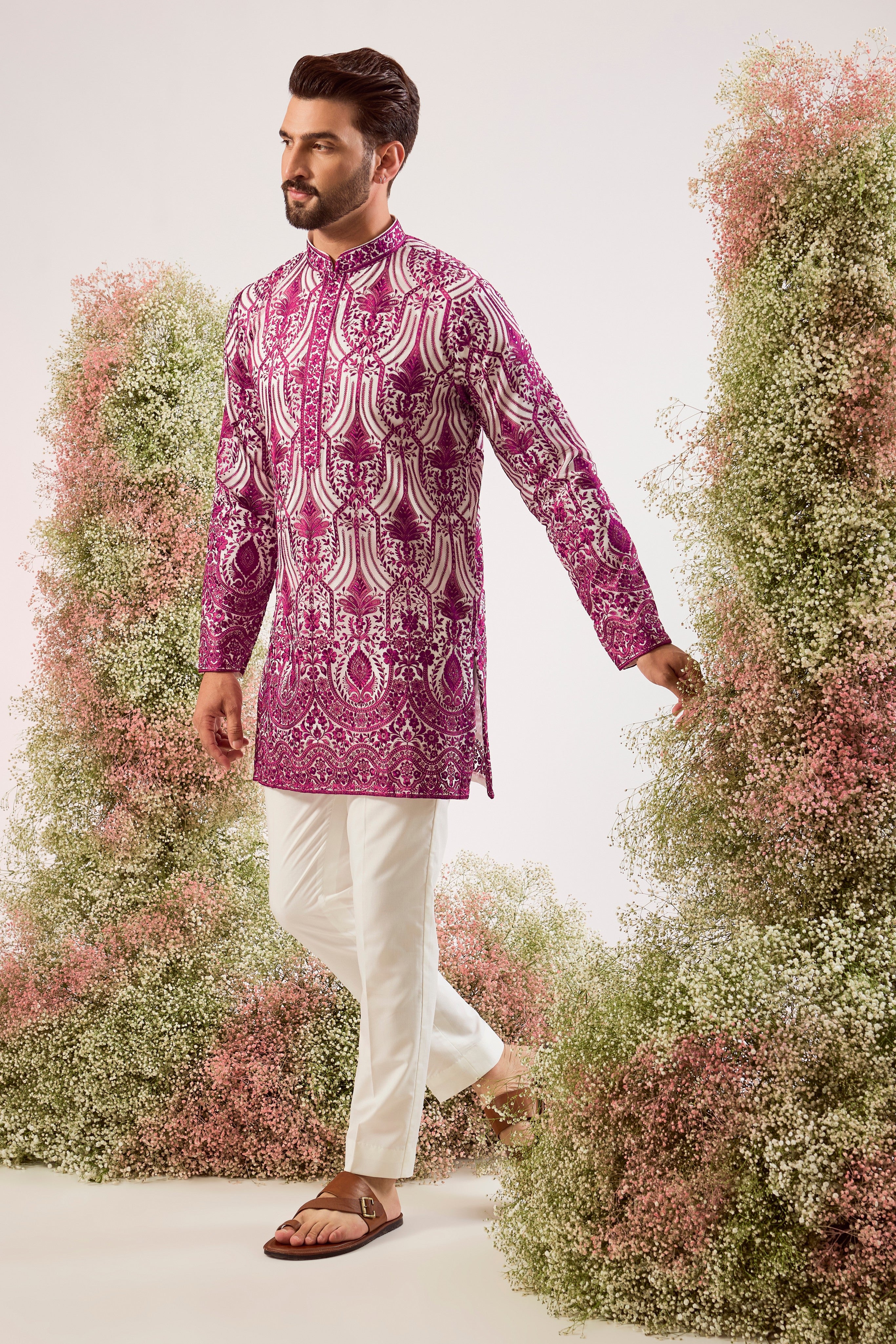 magenta short chikankari kurta with subtle sequin  on organza (with lining )