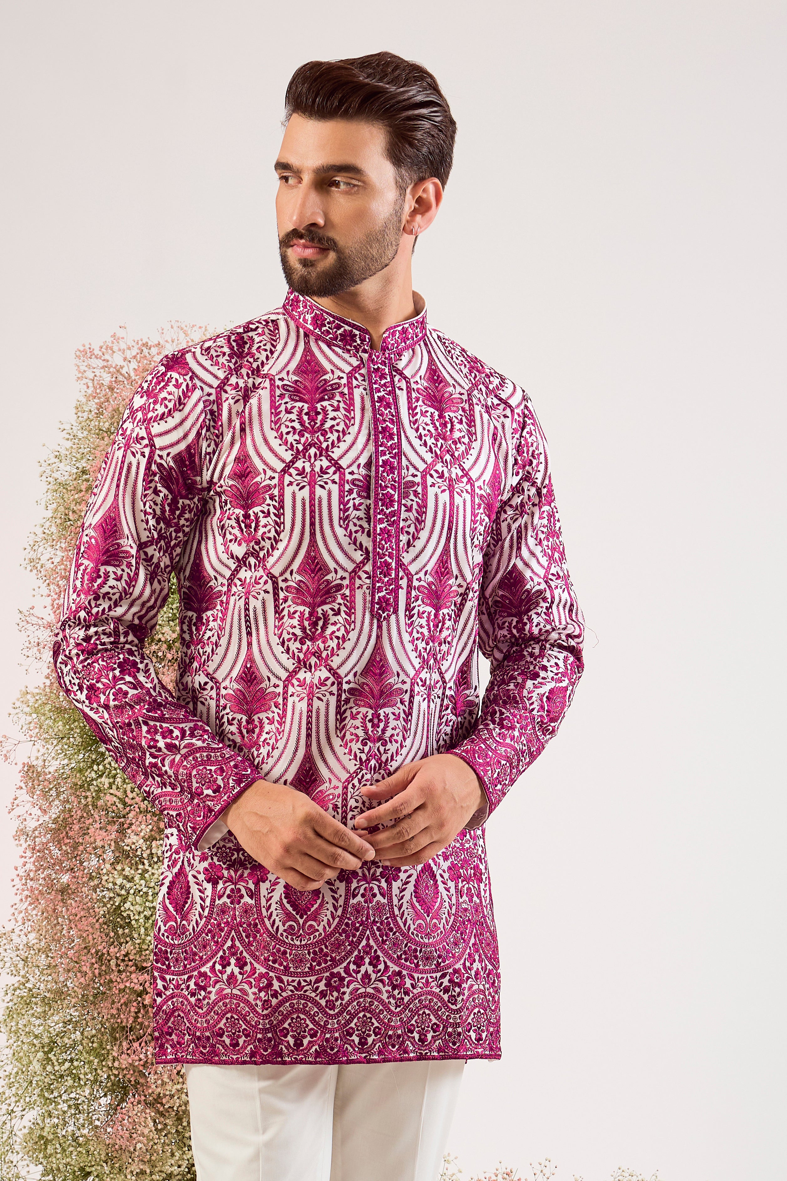 magenta short chikankari kurta with subtle sequin  on organza (with lining )