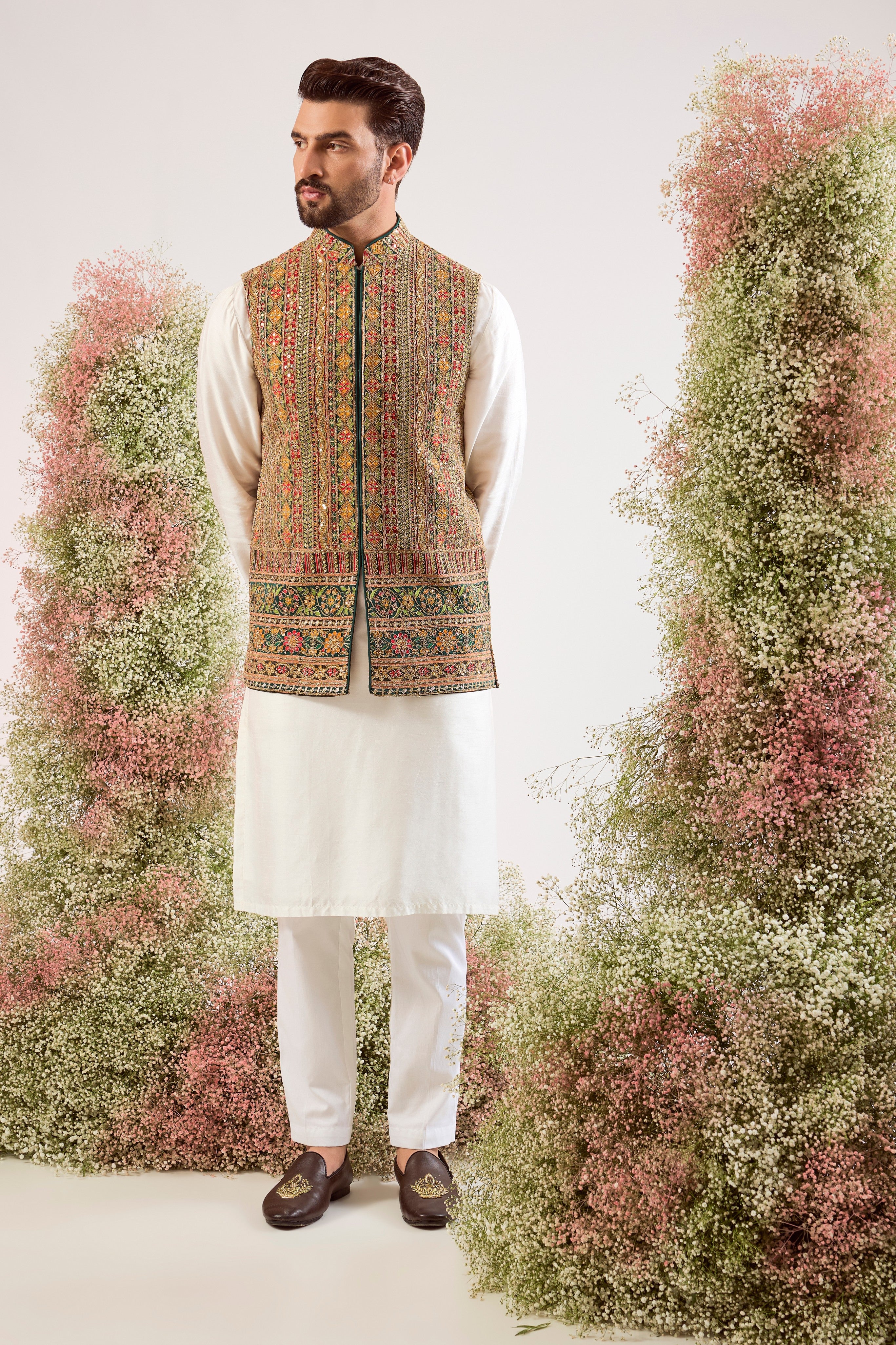 green / multicoloured short nehru jacket with heavy zari and sequin work