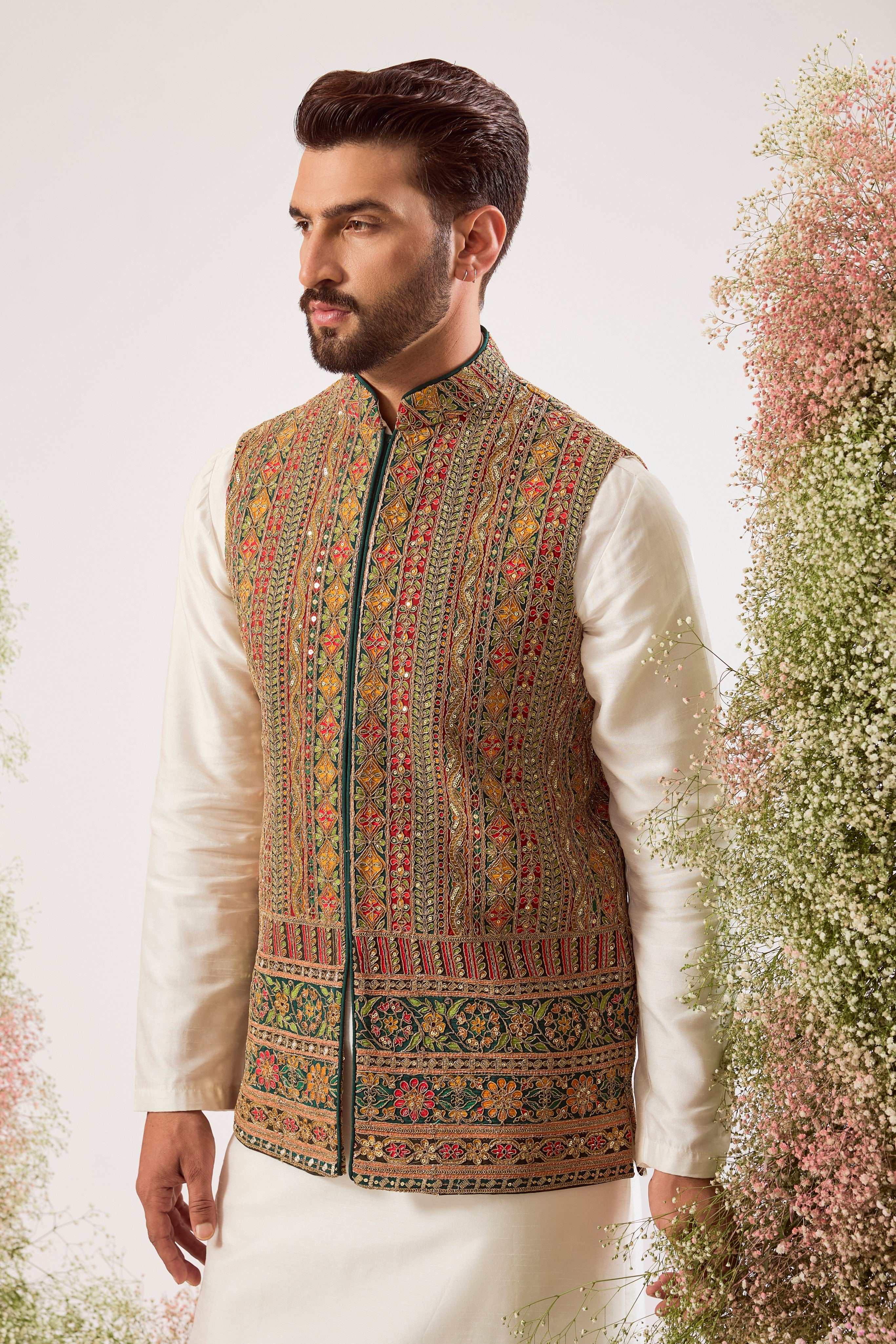 green / multicoloured short nehru jacket with heavy zari and sequin work