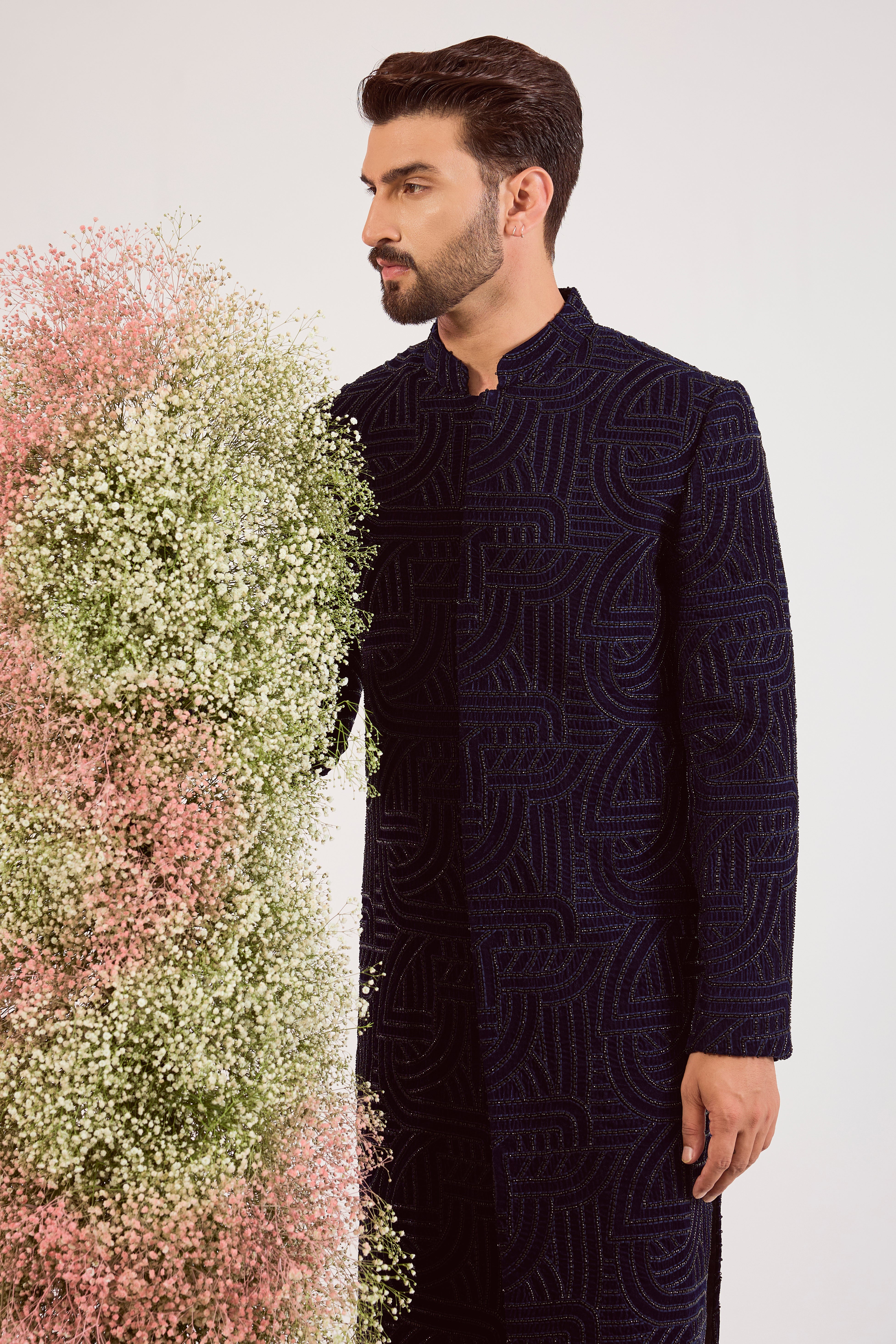 navy blue geomtrically embrodried sherwani with cut dana on velvet