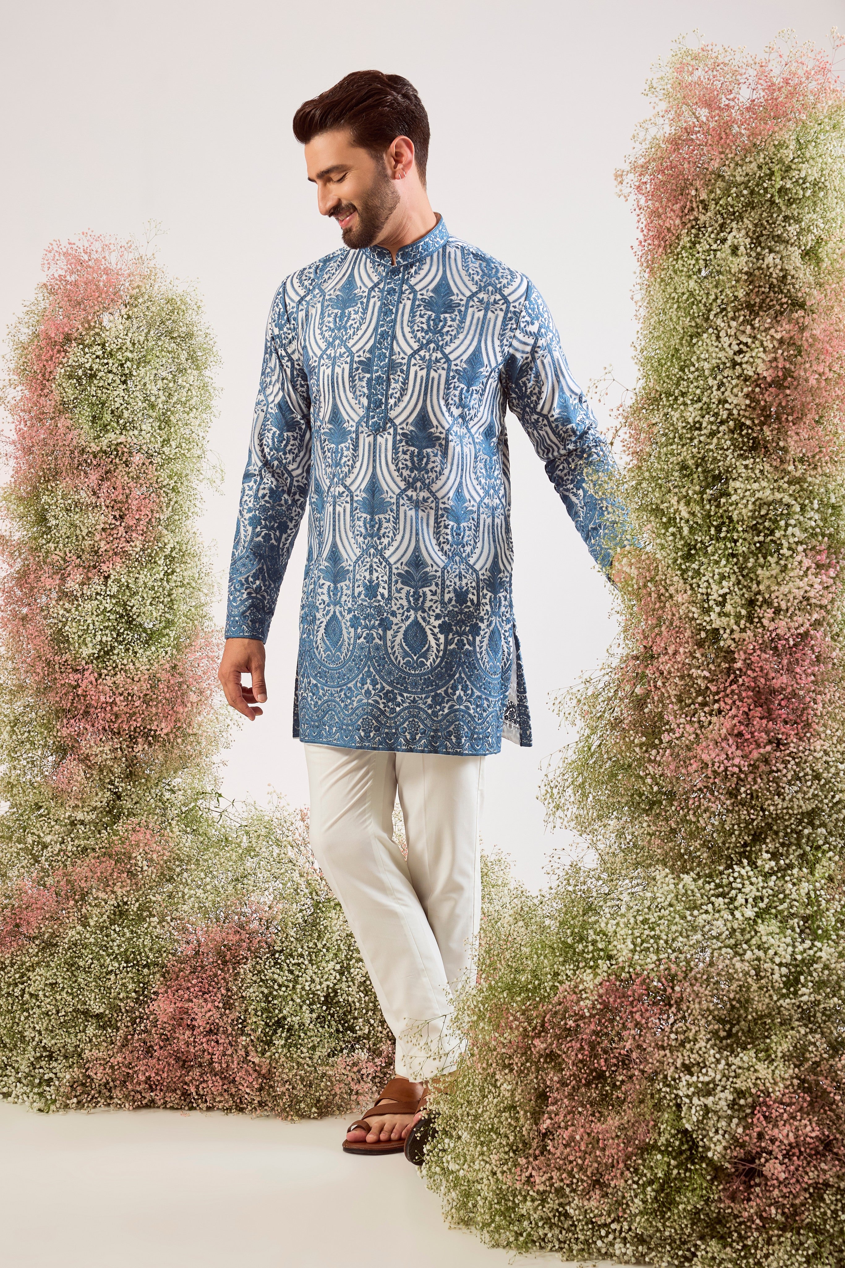 blue chikankari short kurta on organza with lining