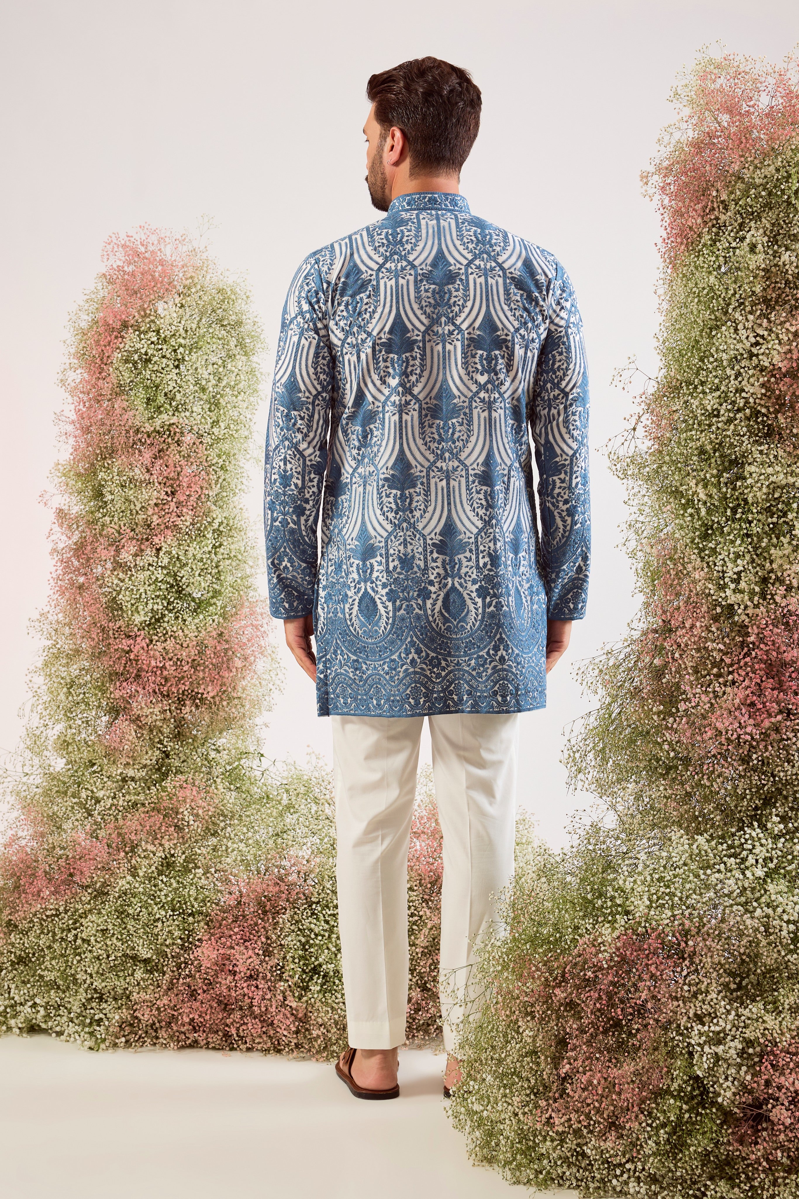 blue chikankari short kurta on organza with lining