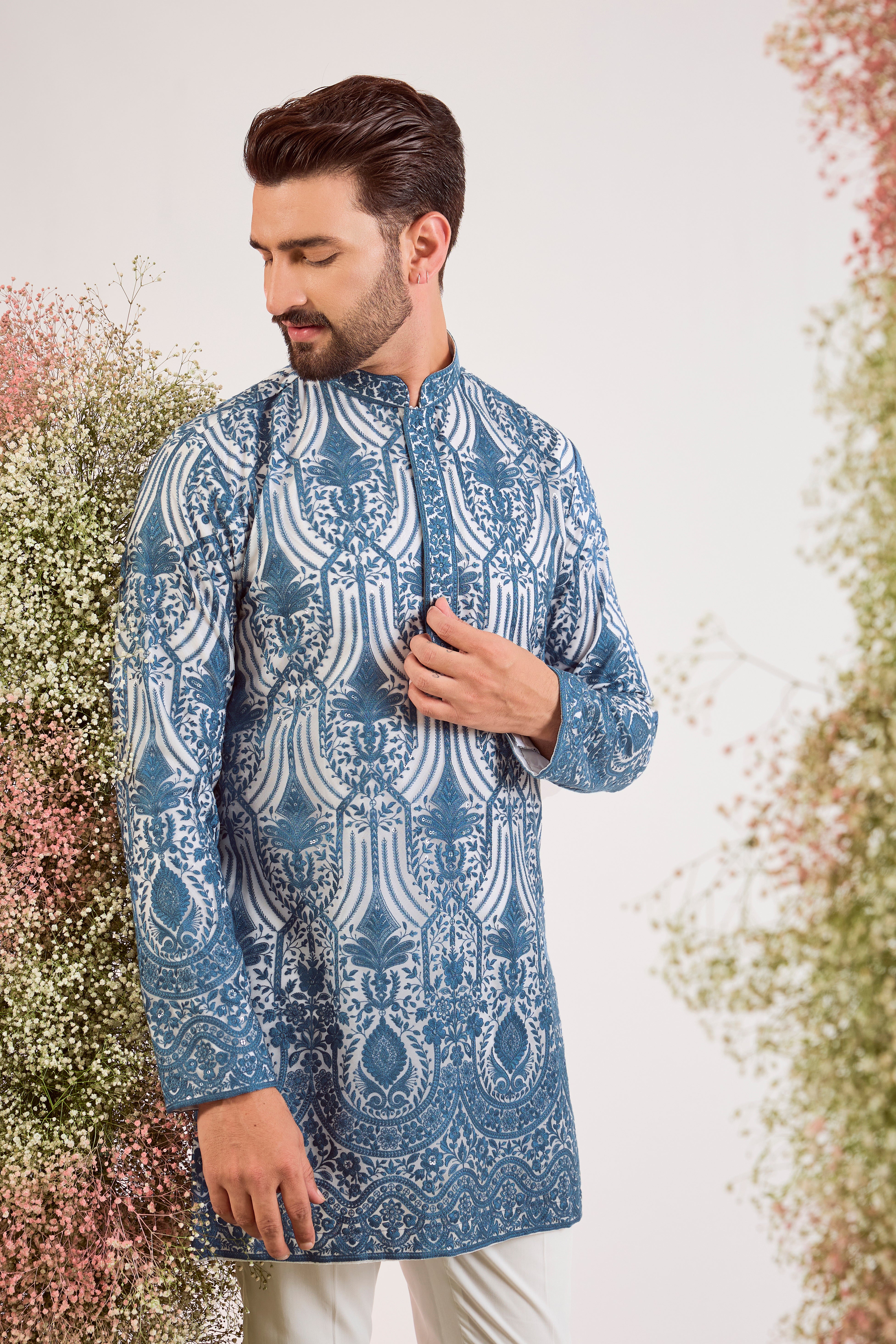 blue chikankari short kurta on organza with lining