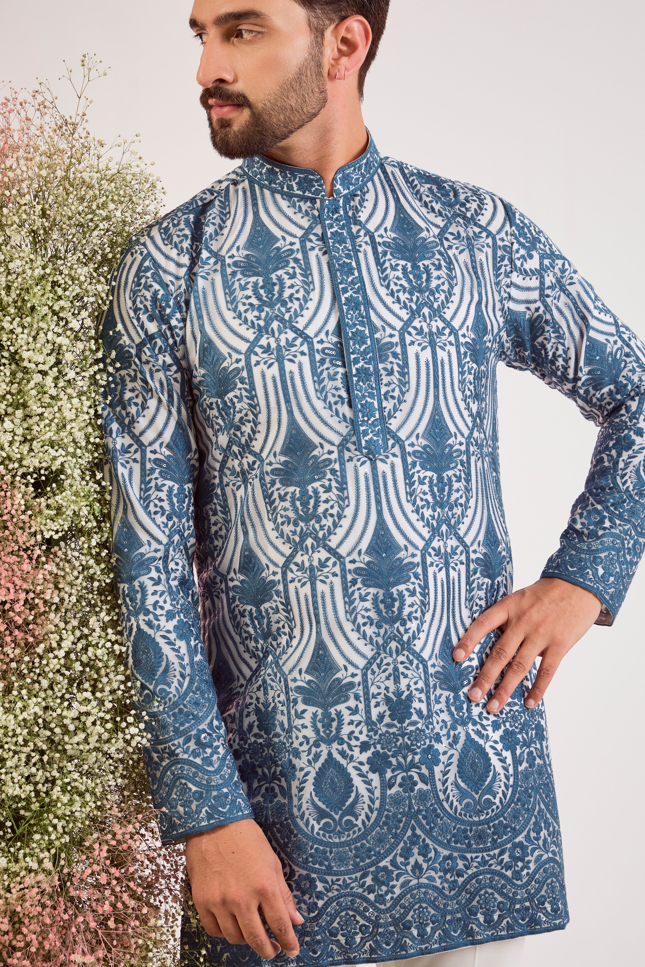 blue chikankari short kurta on organza with lining