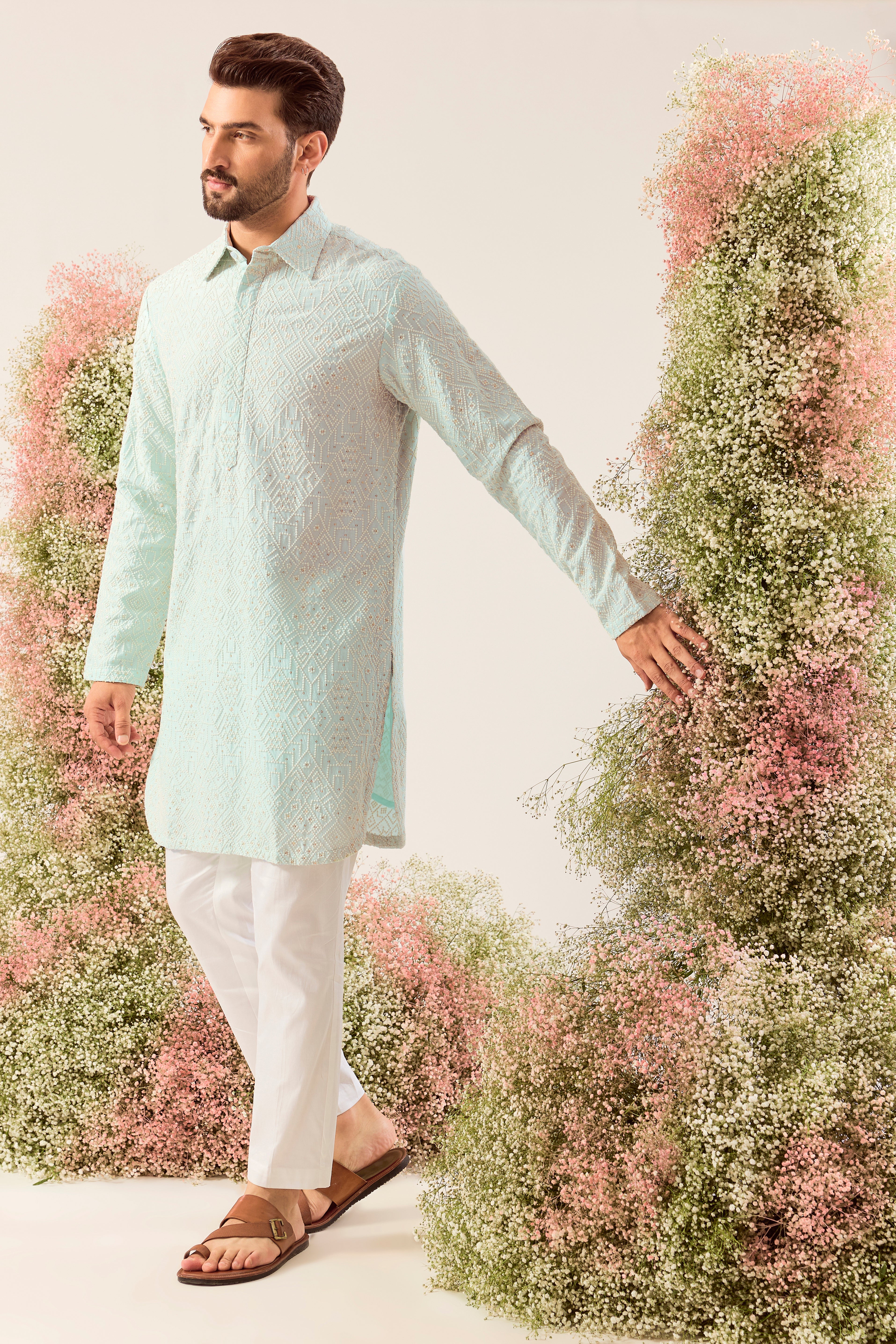 aqua geometrically embrodried short pathani kurta with intricate threadwork and sequin