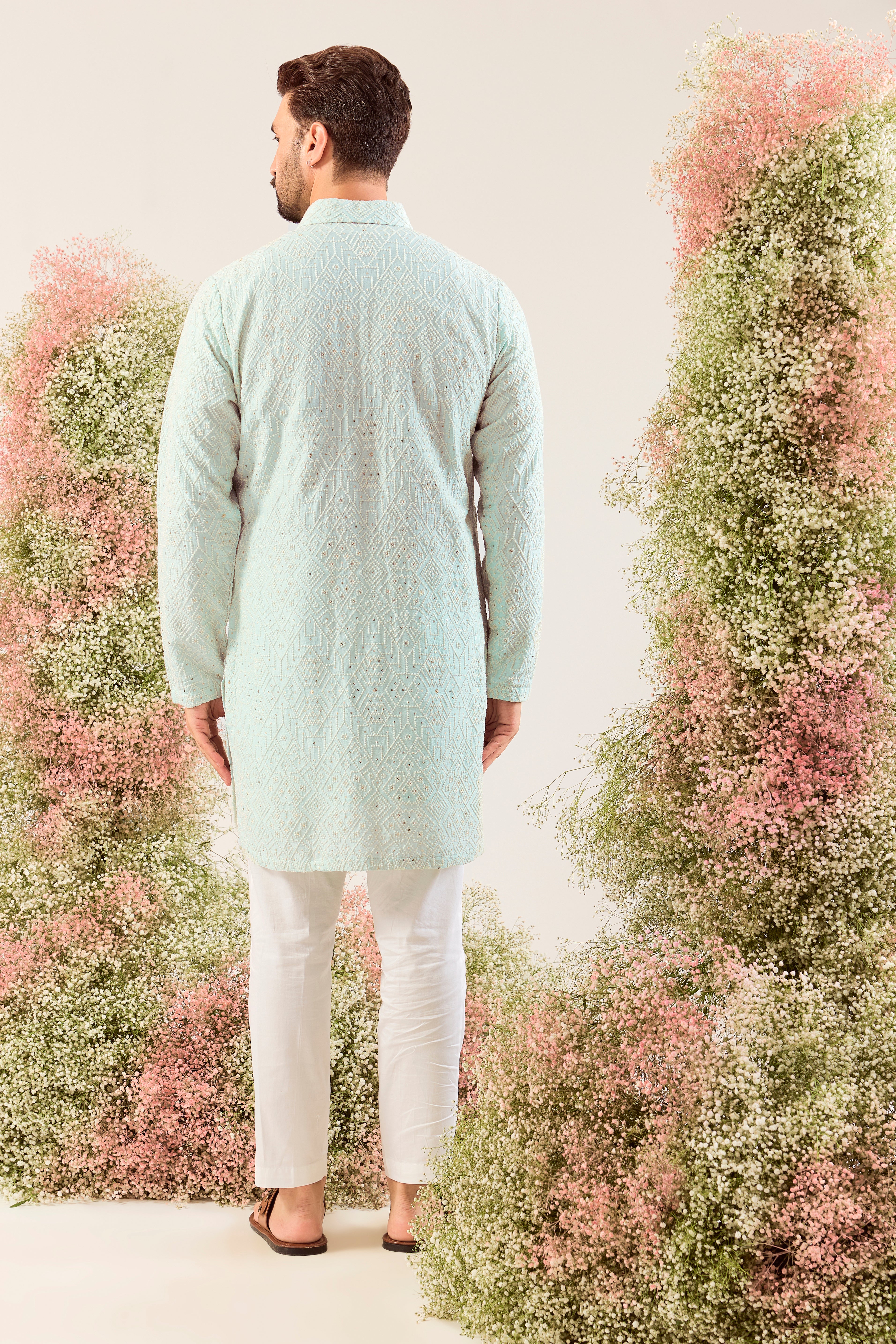 aqua geometrically embrodried short pathani kurta with intricate threadwork and sequin