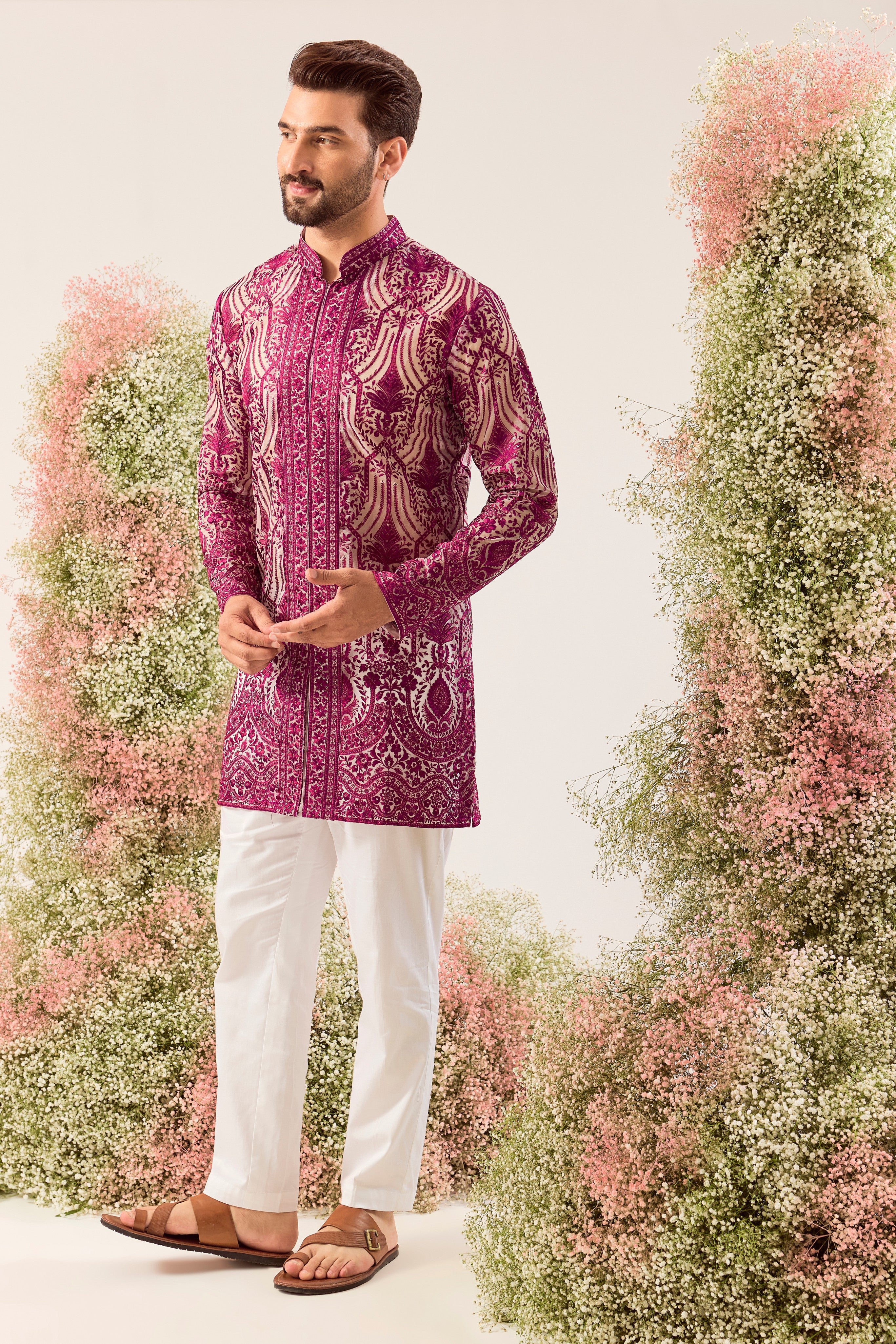 magenta see through open front chikankari kurta with delicte sequin work