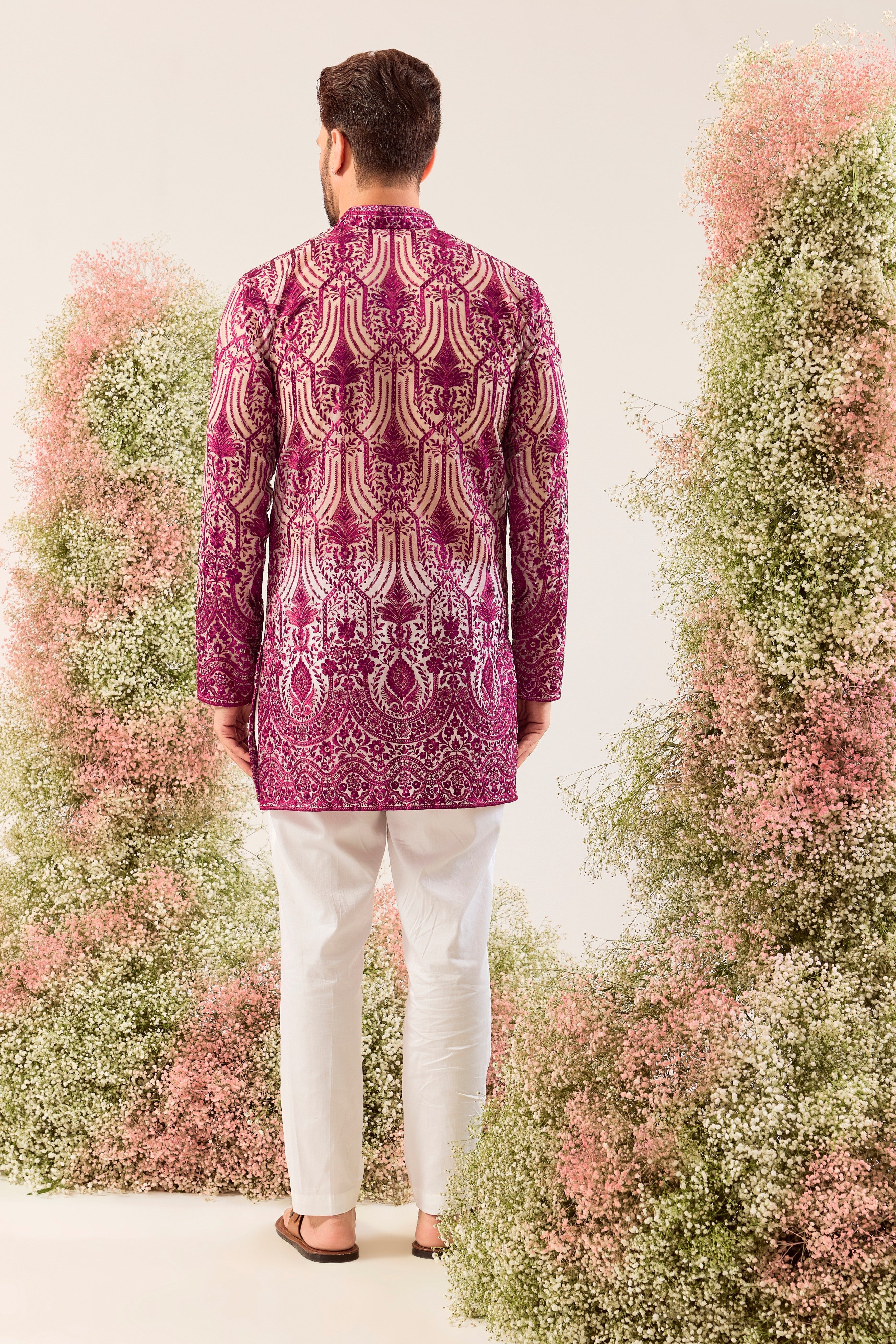 magenta see through open front chikankari kurta with delicte sequin work