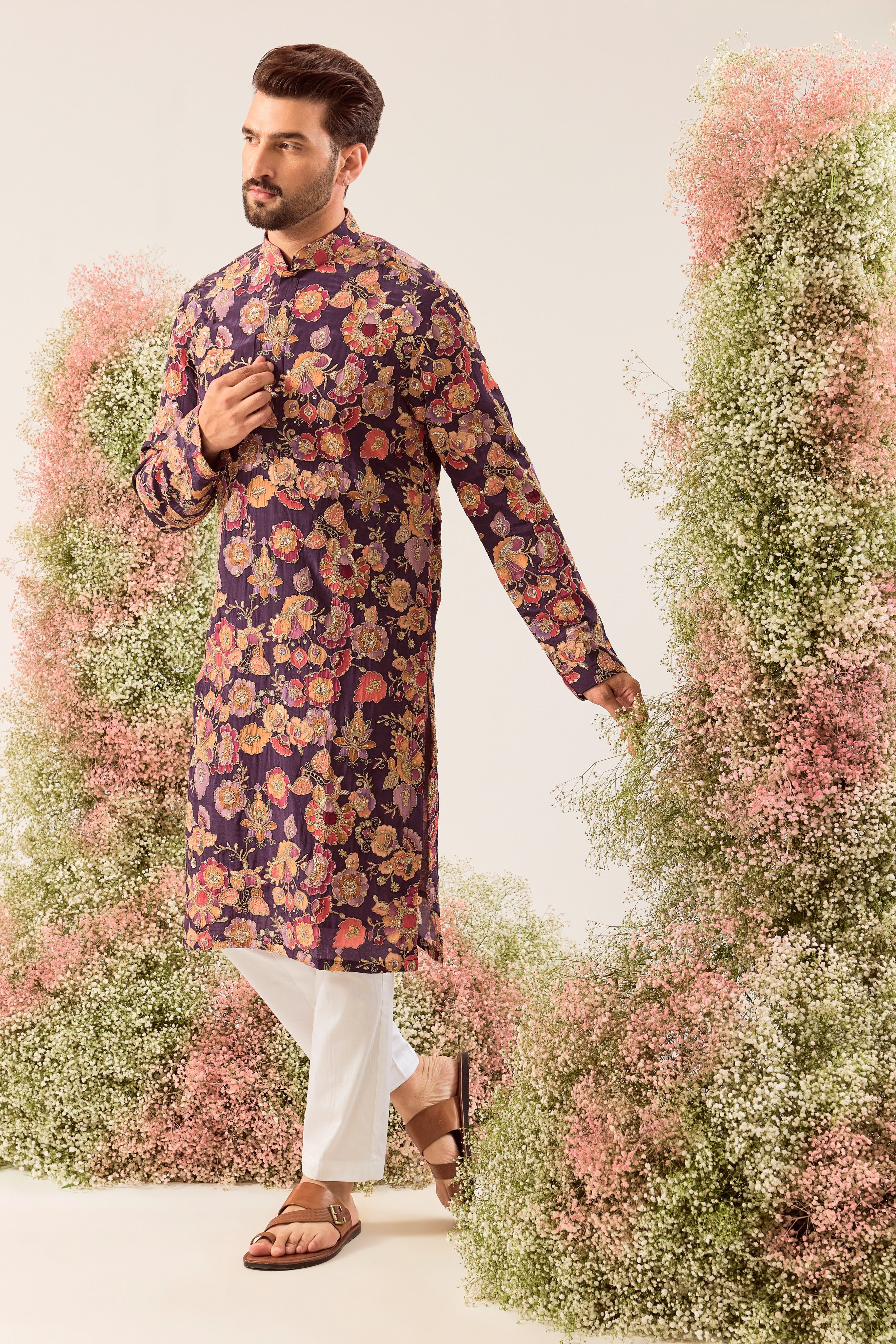 purple - multicoloured floral embrodried kurta with detailed zari amd sequin work