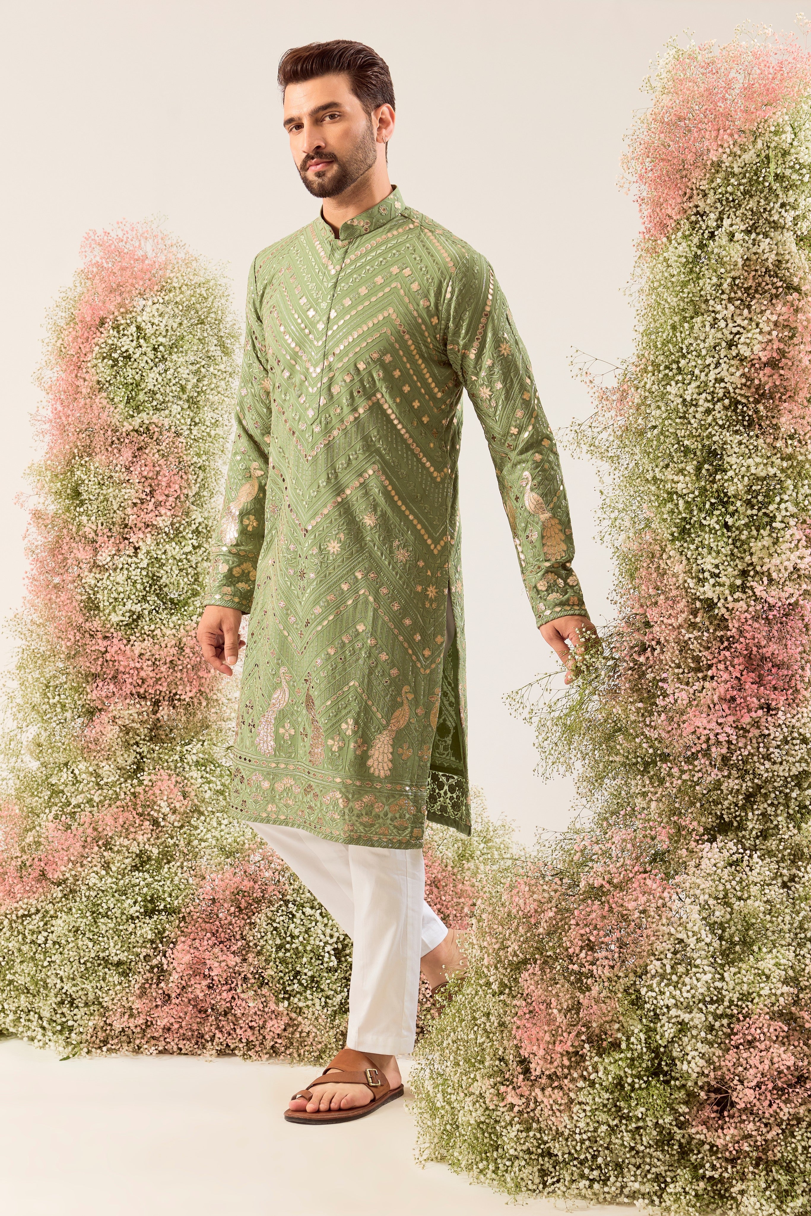 green leather patchwork kurta with intricate peacock motifs