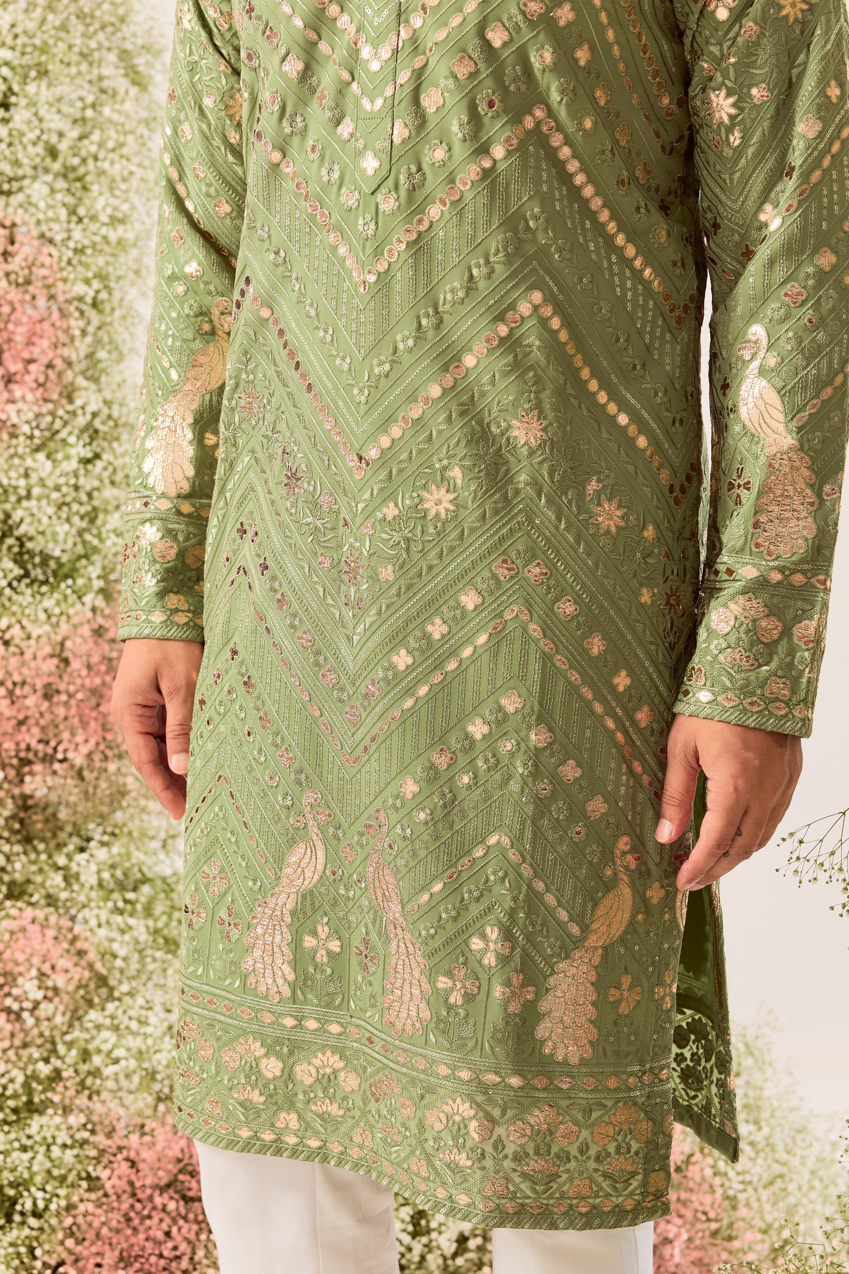 green leather patchwork kurta with intricate peacock motifs