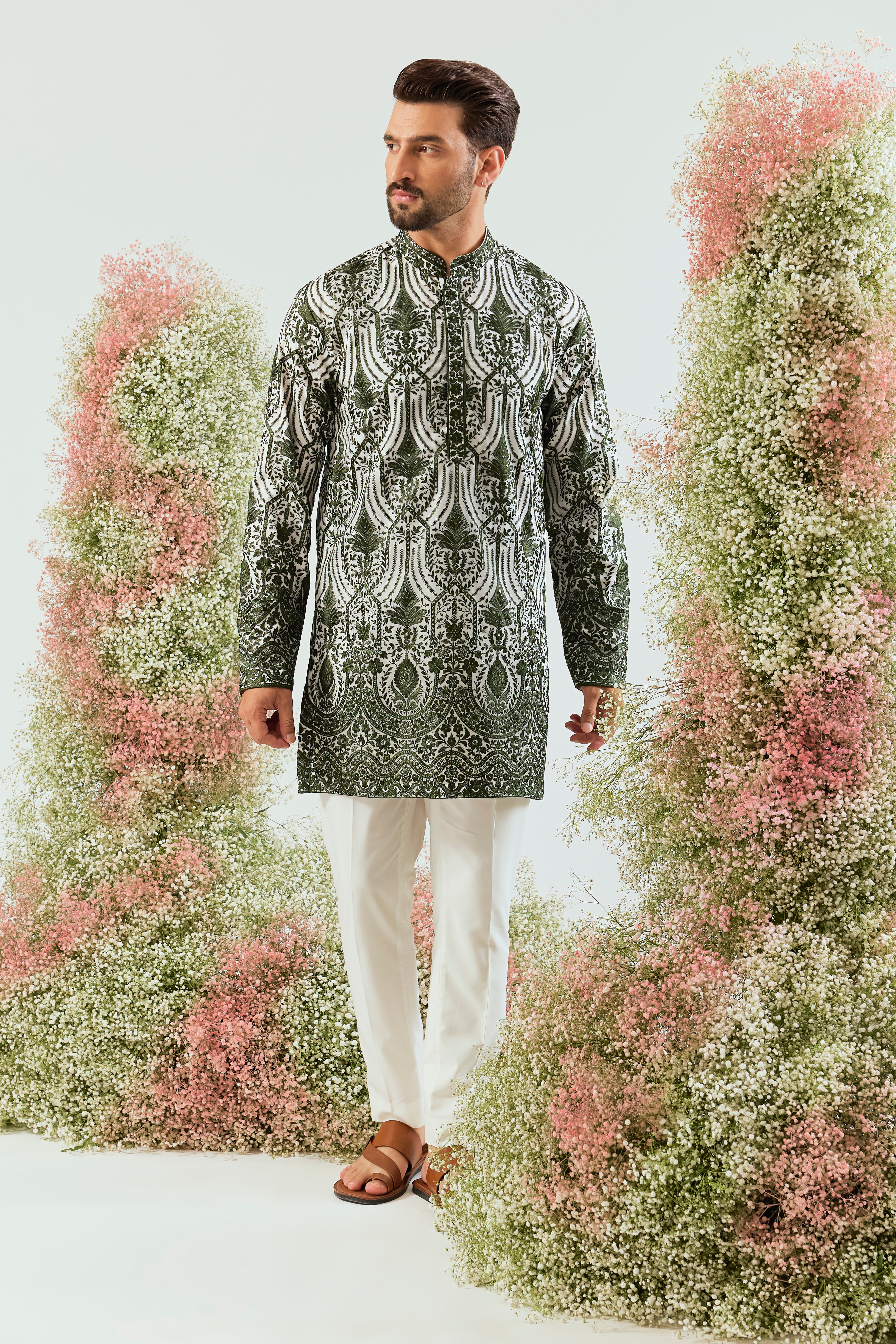 bottle green chikankati kurta on organza with intricate sequin work