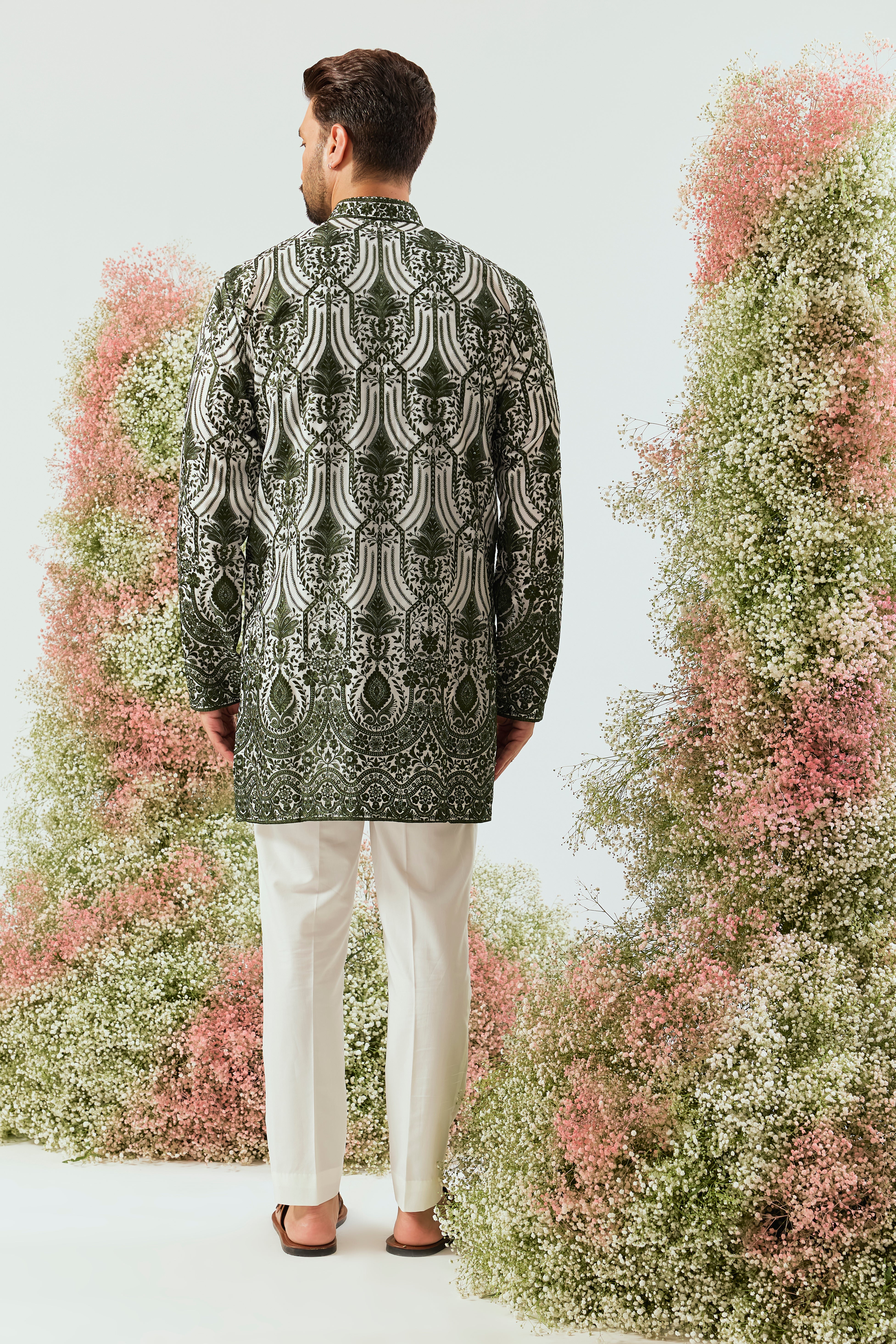 bottle green chikankati kurta on organza with intricate sequin work