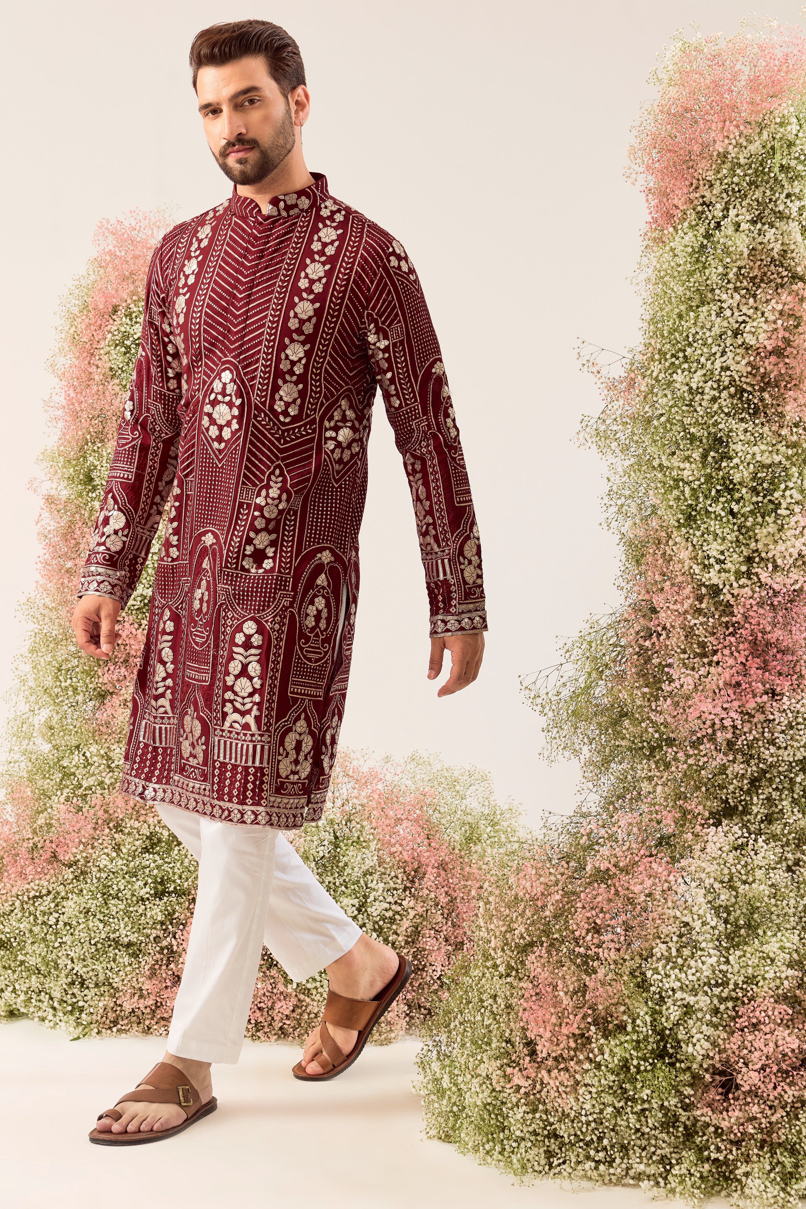 maroon leather patchwork kurta with deatiled sequin work