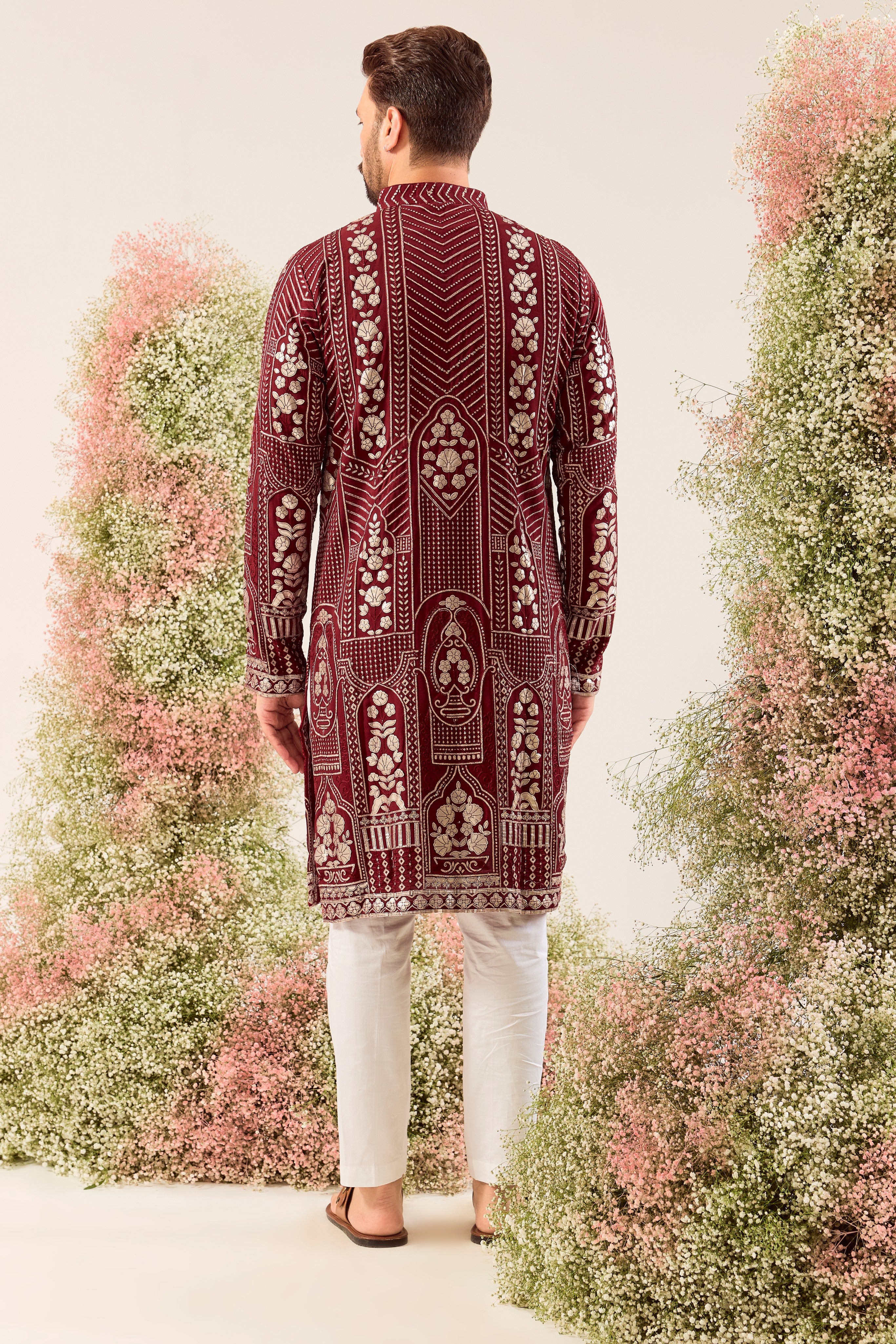 maroon leather patchwork kurta with deatiled sequin work