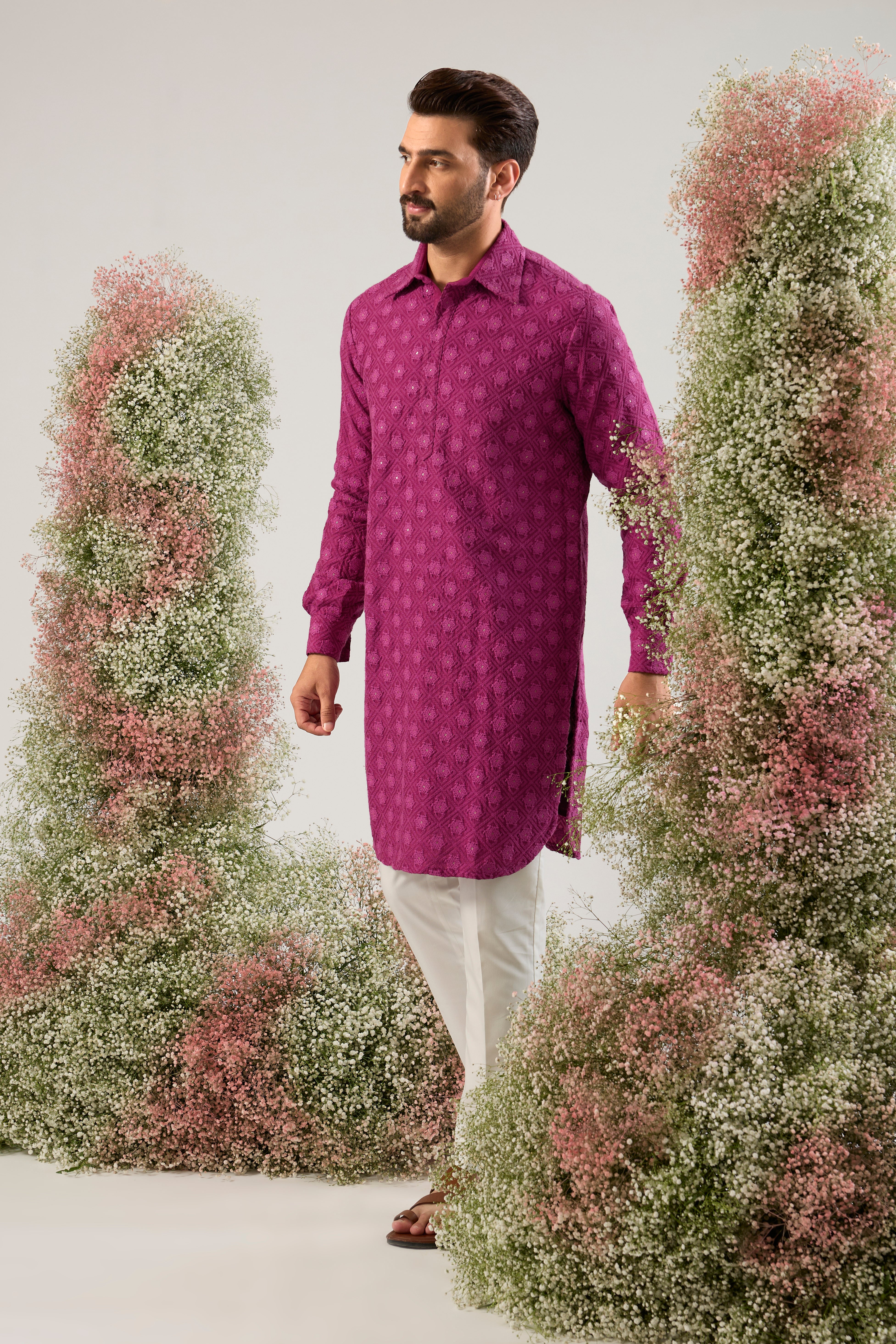 magenta short pathani kurta with intricate thread and selicate sequin work