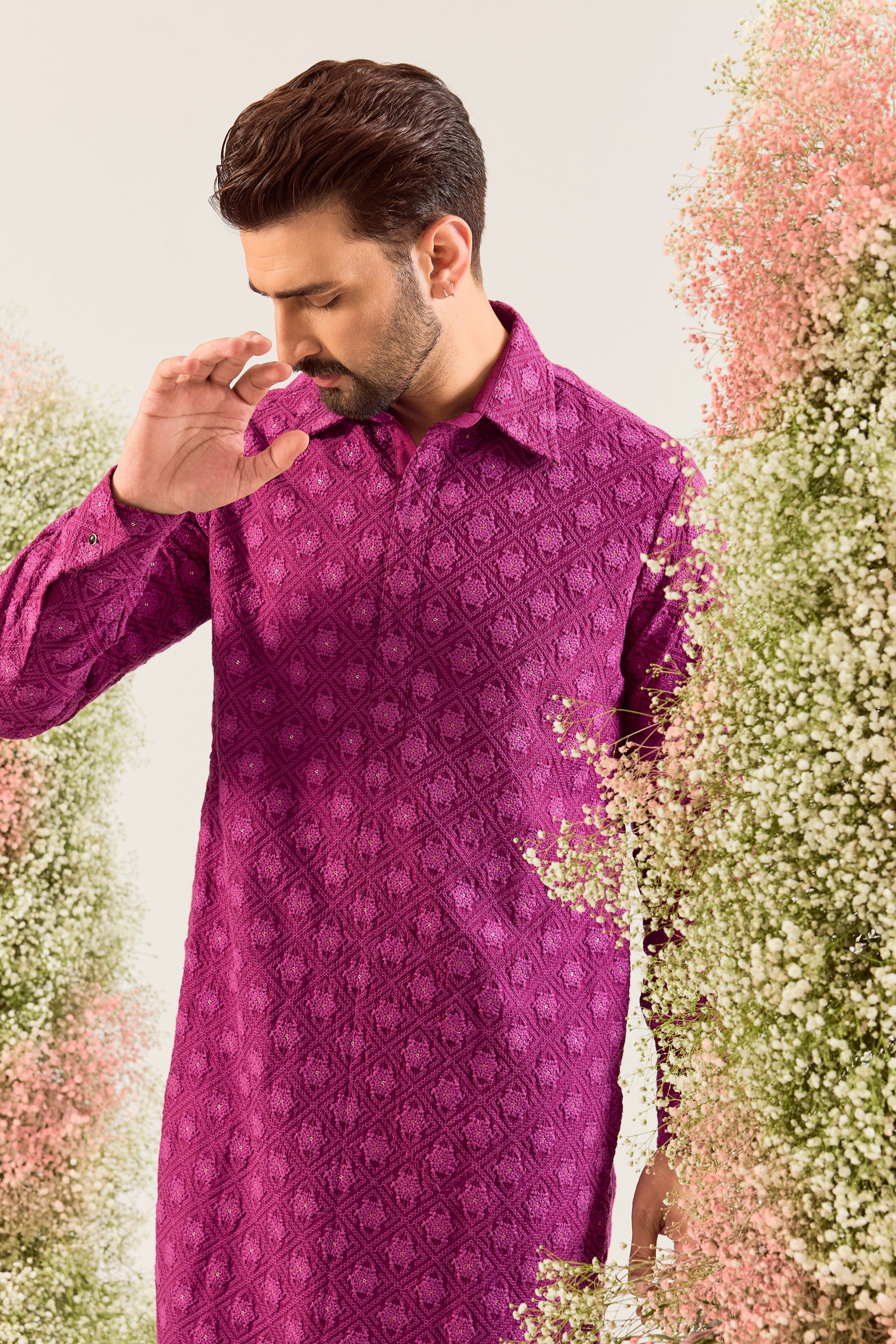 magenta short pathani kurta with intricate thread and selicate sequin work