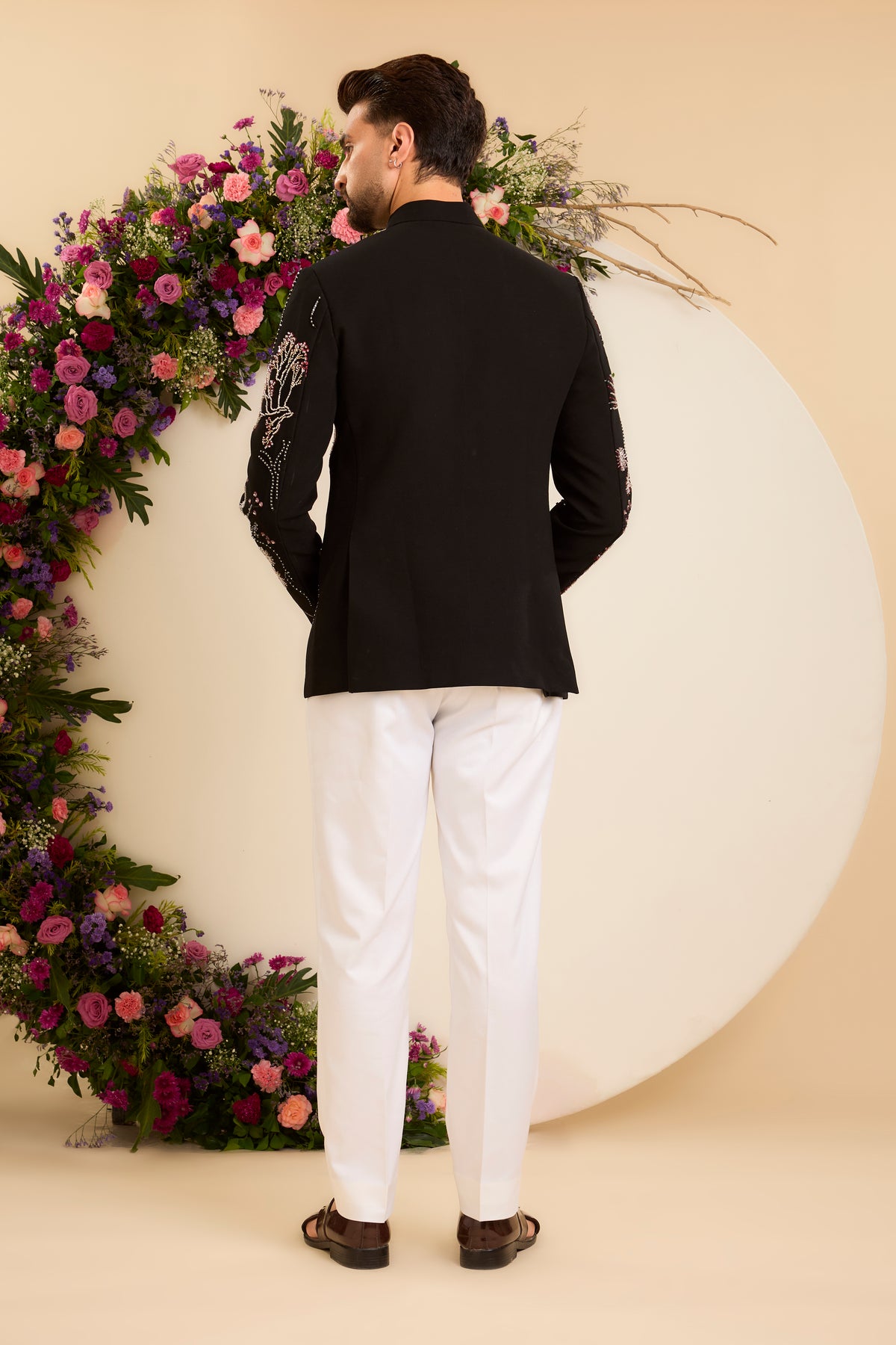 A Refined Black Bandhgala with Delicate Floral Embroidery