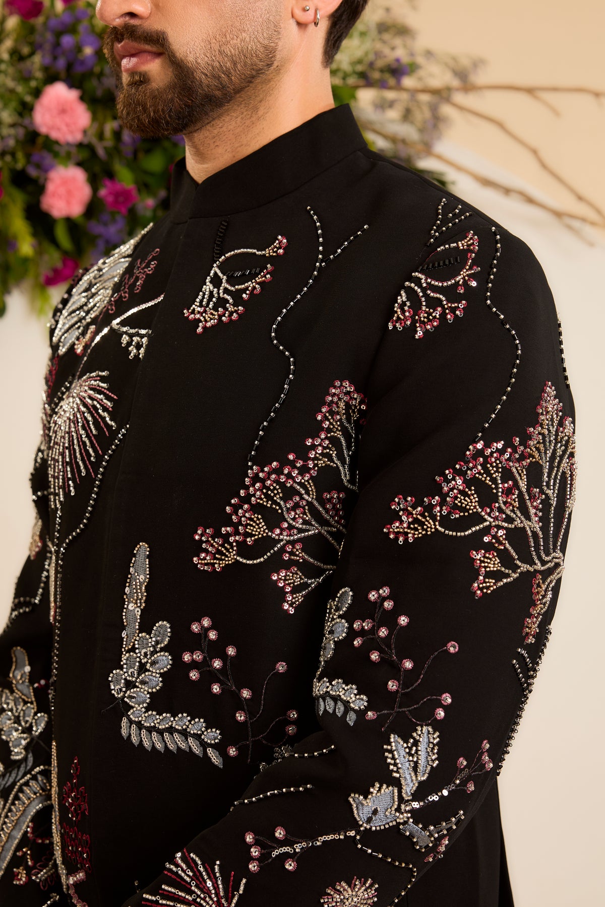 A Refined Black Bandhgala with Delicate Floral Embroidery