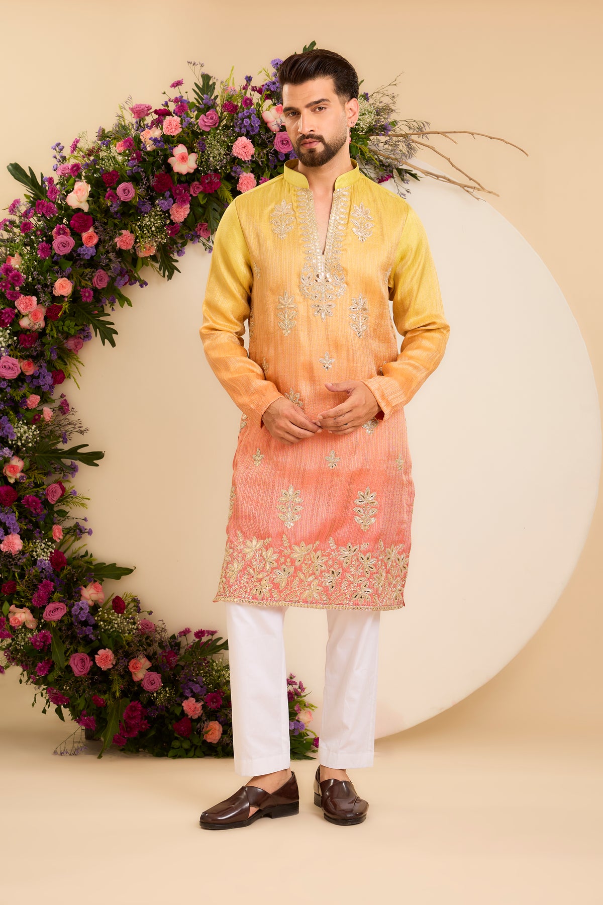 A Sunlit Ombre Kurta with Intricate Floral Leatherwork