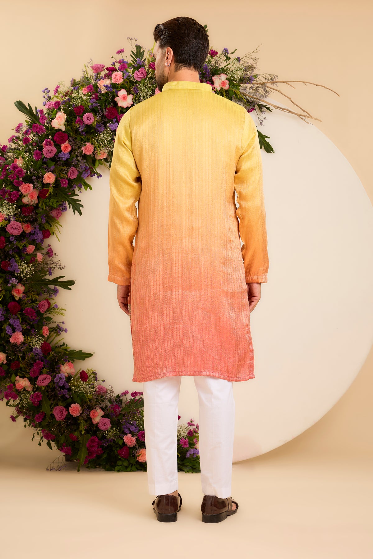 A Sunlit Ombre Kurta with Intricate Floral Leatherwork