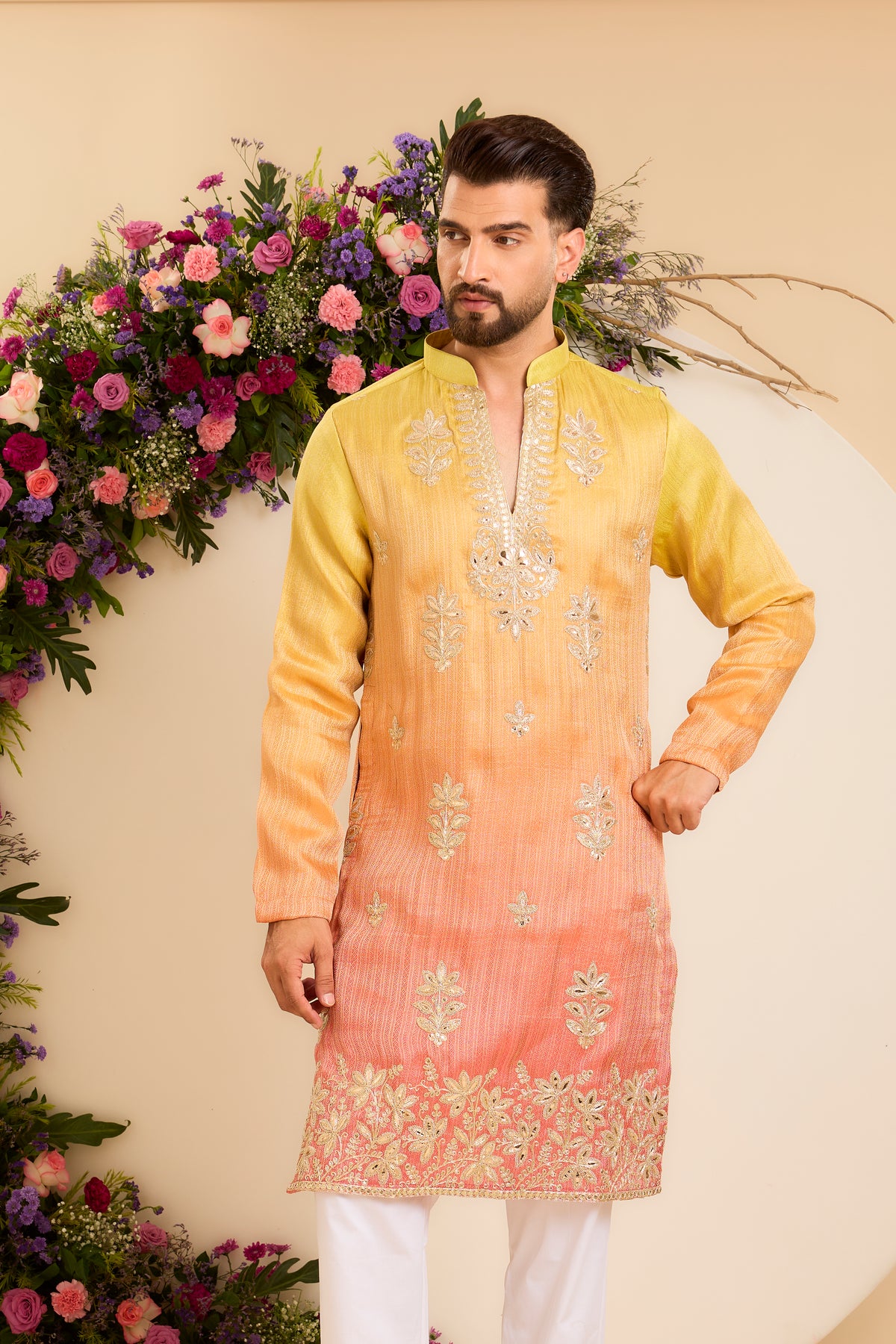 A Sunlit Ombre Kurta with Intricate Floral Leatherwork