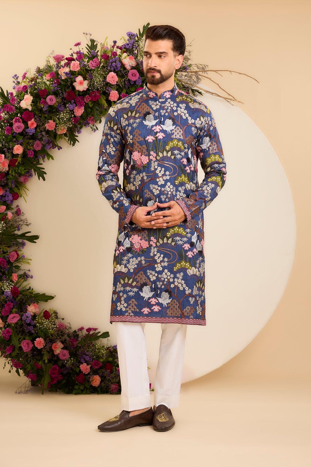 A Tropical blue Silk Kurta Alive with Flora and Fauna