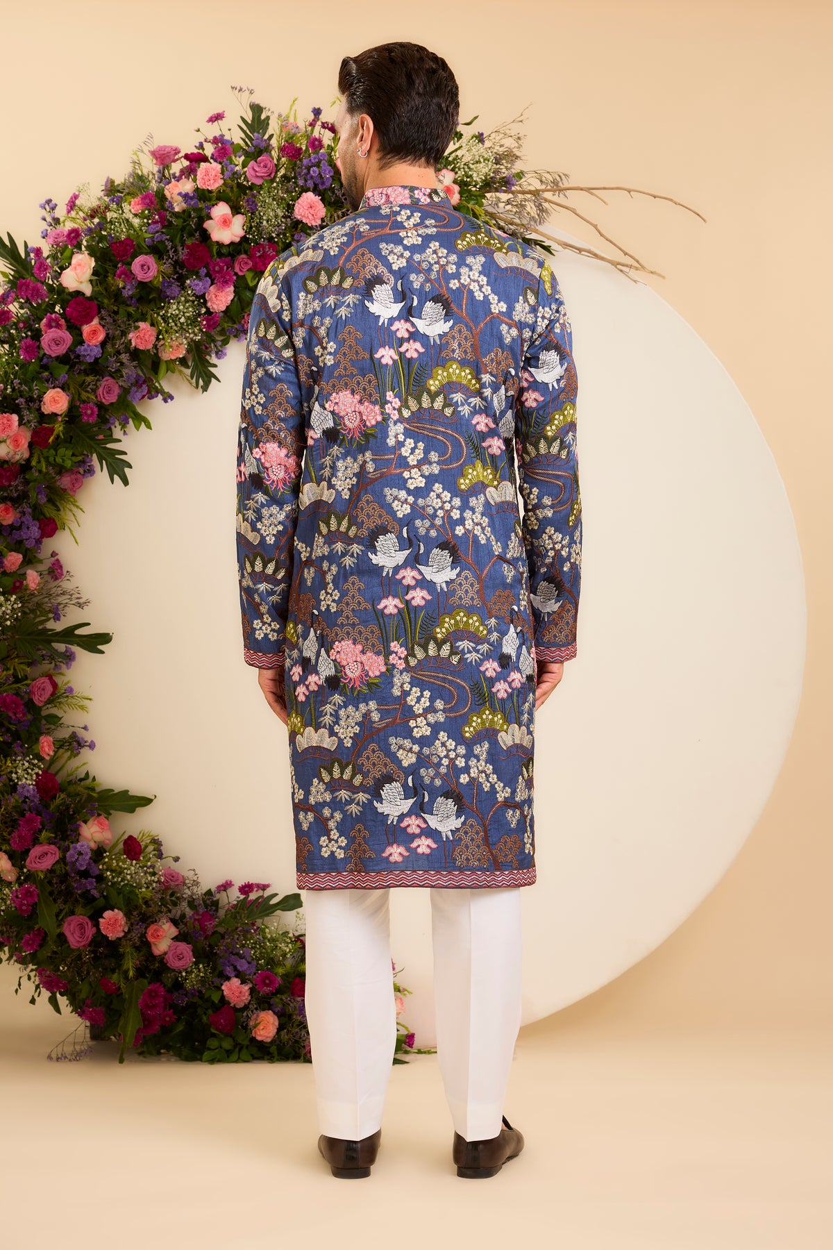 A Tropical blue Silk Kurta Alive with Flora and Fauna