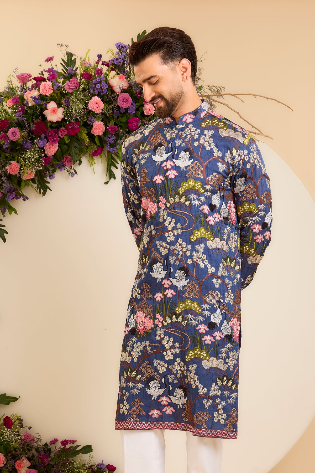 A Tropical blue Silk Kurta Alive with Flora and Fauna