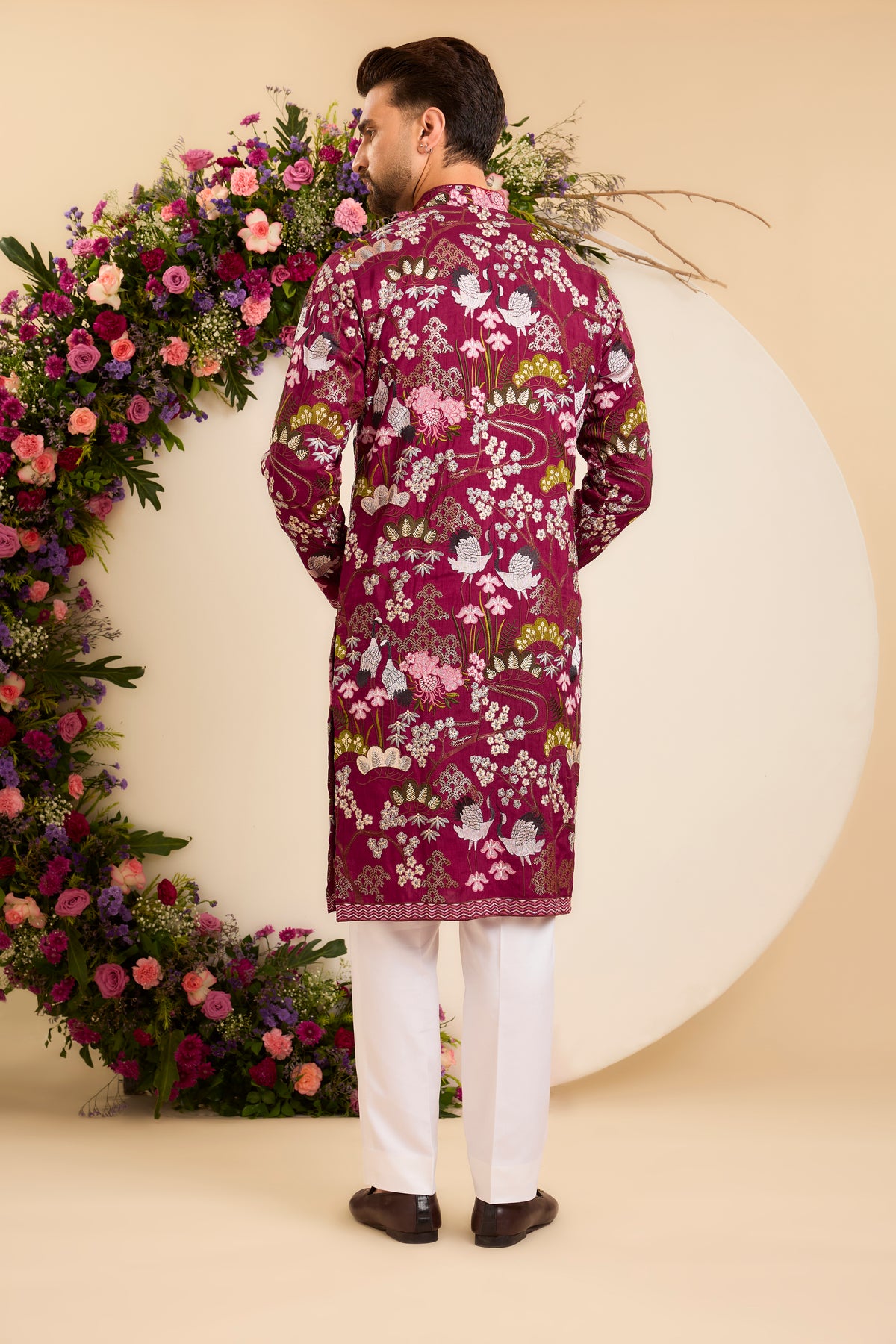 A Tropical maroon Silk Kurta Alive with Flora and Fauna