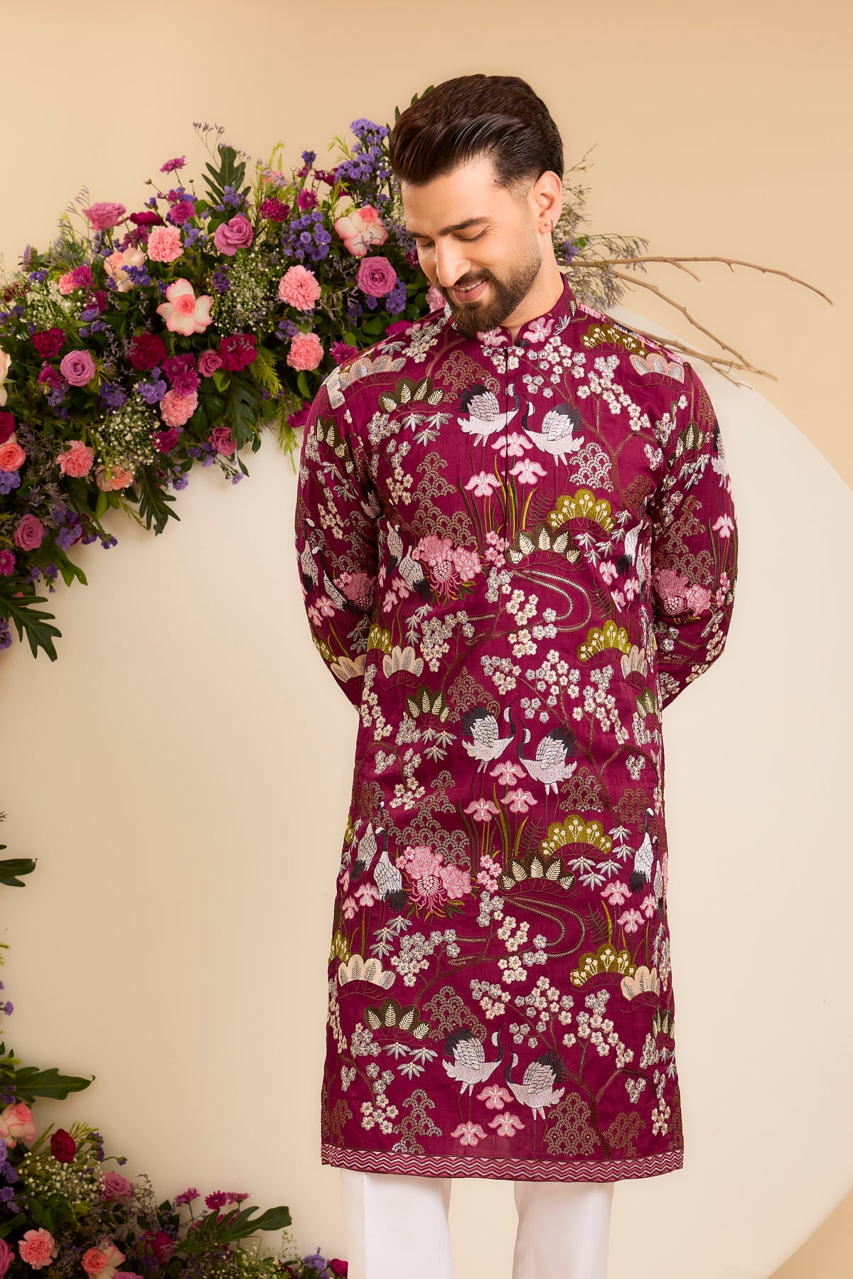 A Tropical maroon Silk Kurta Alive with Flora and Fauna