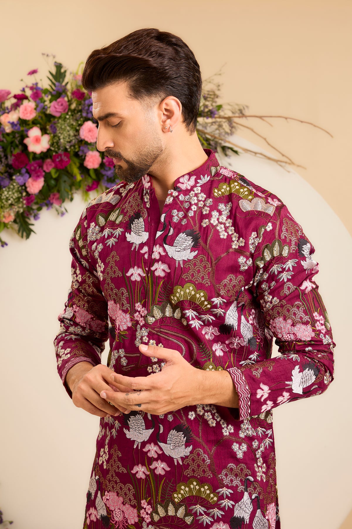 A Tropical maroon Silk Kurta Alive with Flora and Fauna
