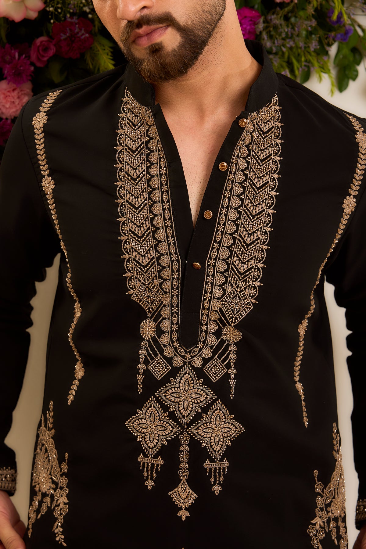 A Timeless Black Kurta Enriched with Intricate Antique Gold Embroidery