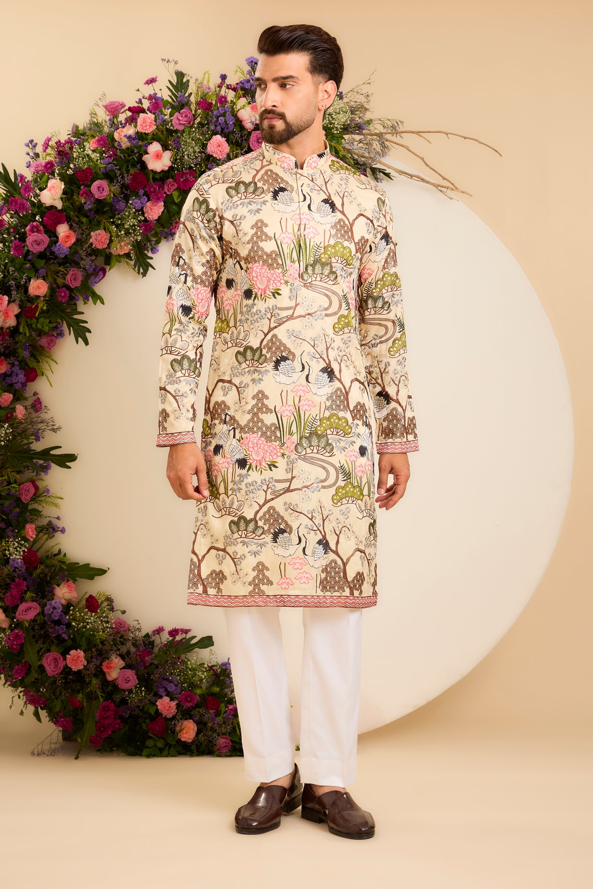A Tropical cream Silk Kurta Alive with Flora and Fauna
