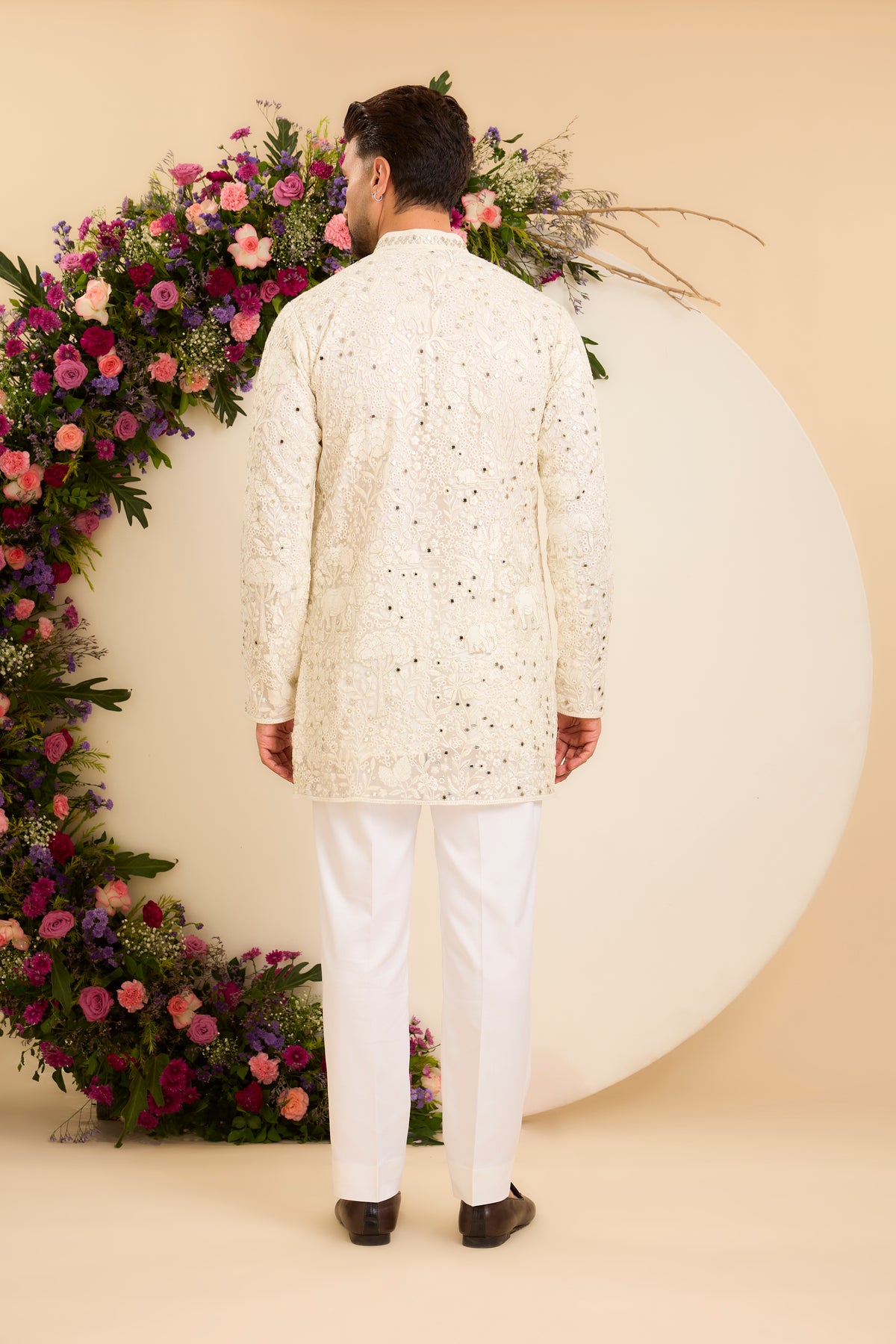An Ivory Tropical Kurta Framed with Delicate Mirror-Like Embellishment