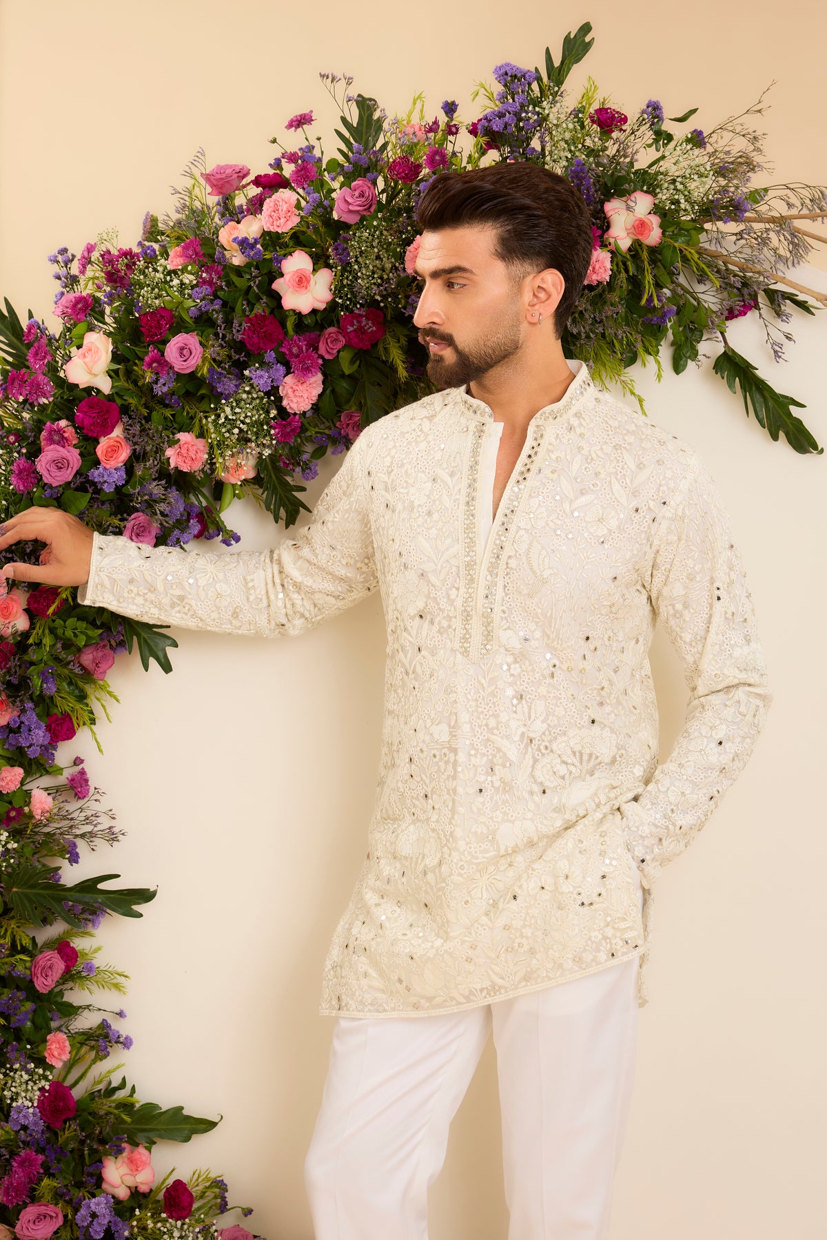 An Ivory Tropical Kurta Framed with Delicate Mirror-Like Embellishment