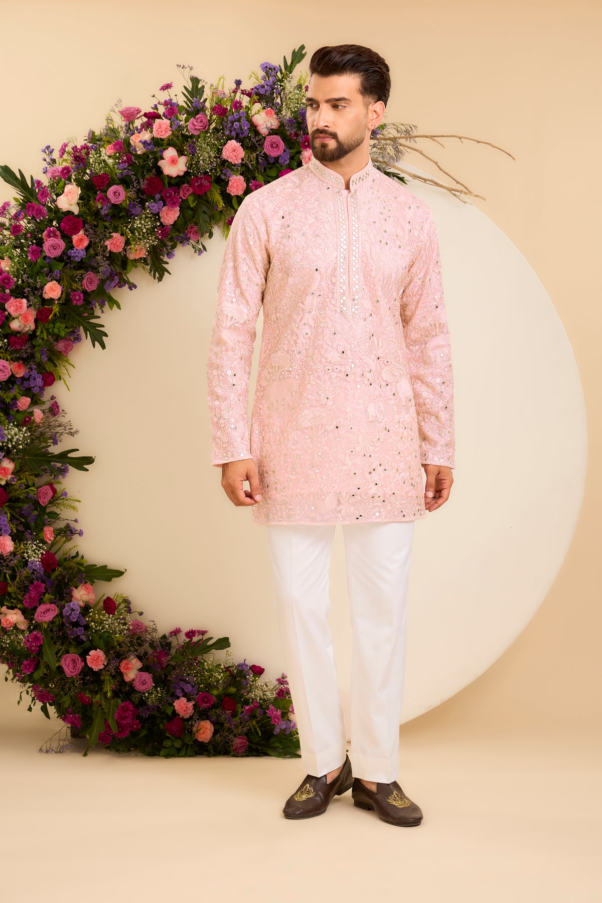 Pink Tropical Kurta Framed with Delicate Mirror-Like Embellishment