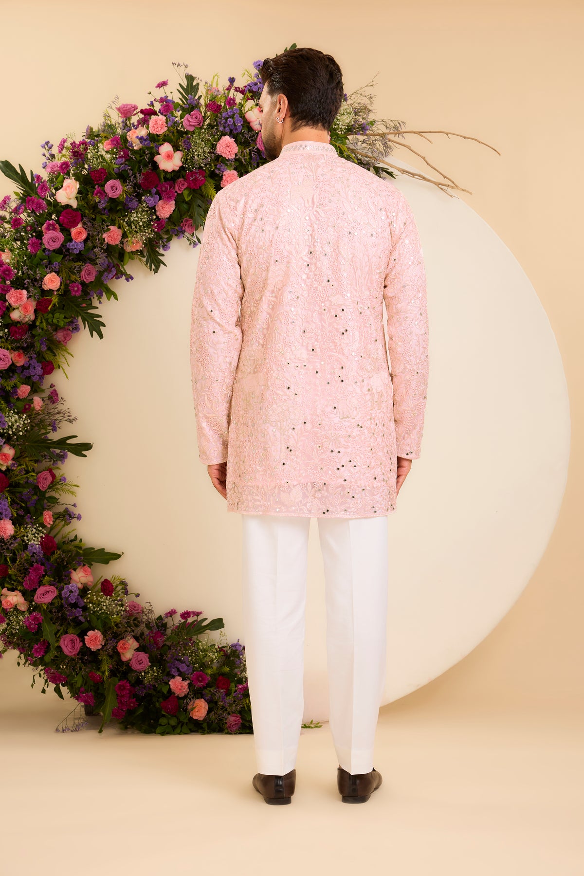 Pink Tropical Kurta Framed with Delicate Mirror-Like Embellishment