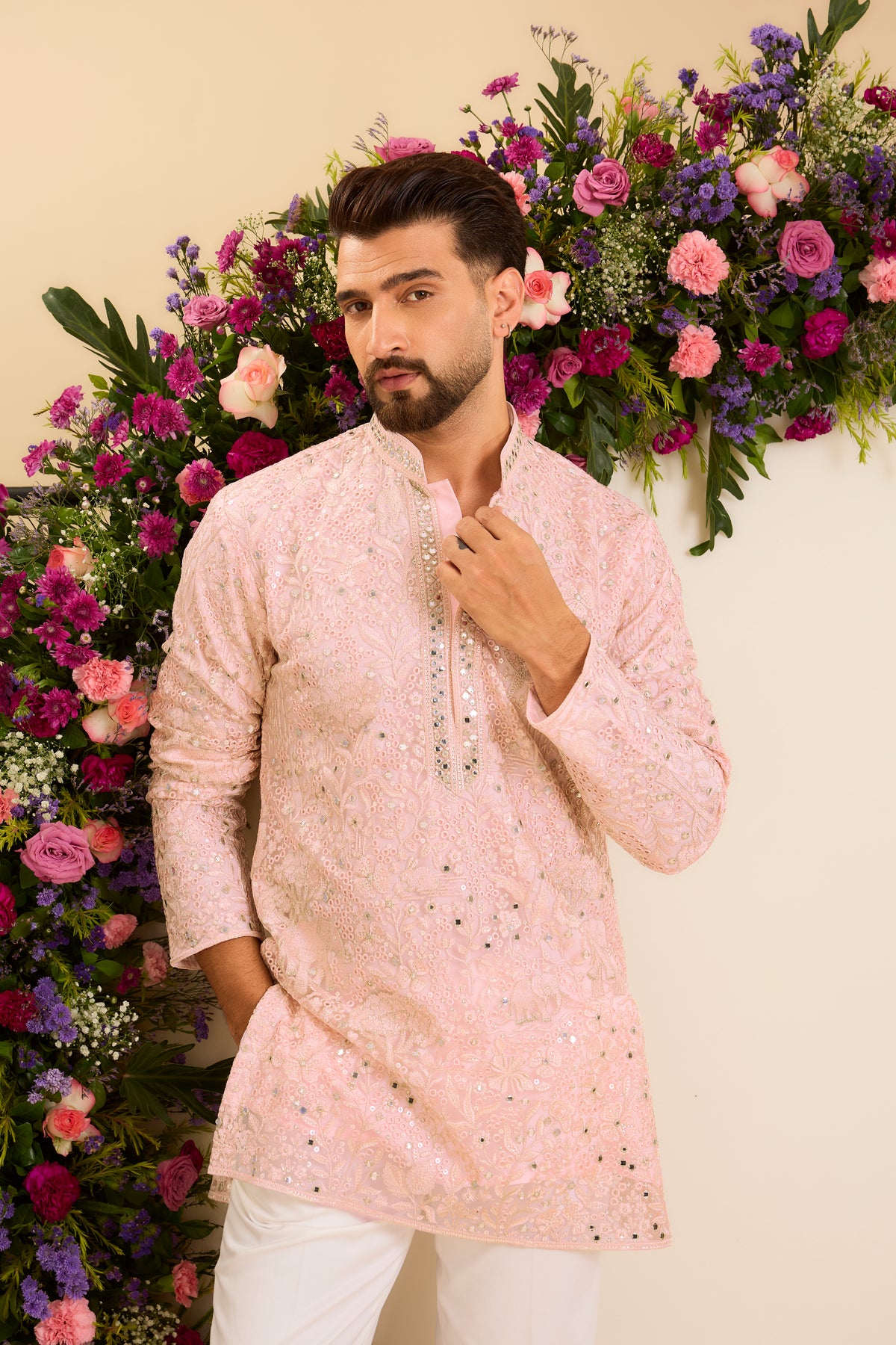 Pink Tropical Kurta Framed with Delicate Mirror-Like Embellishment