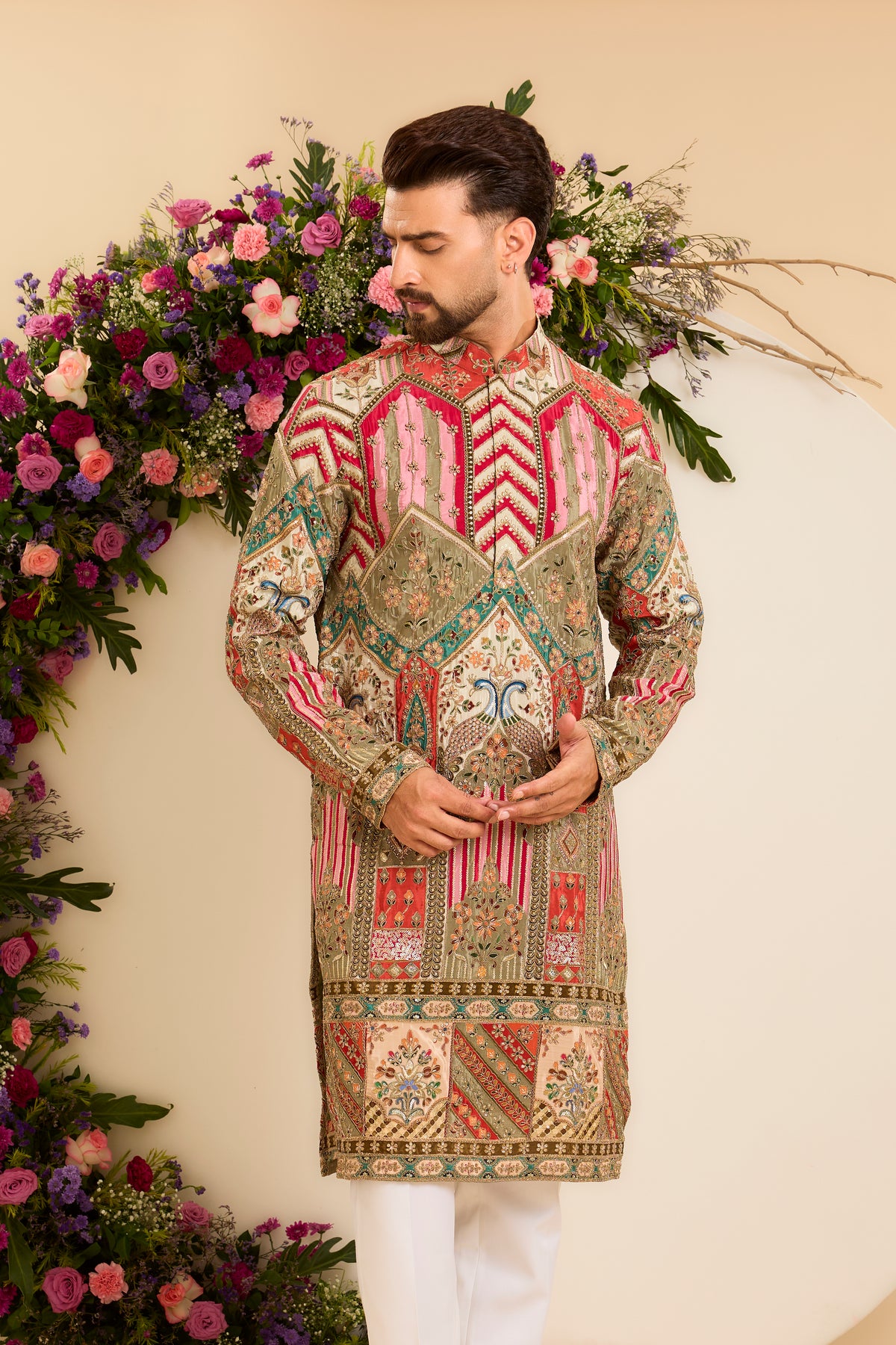 A Vibrant Kurta Where Abstract Florals Meet Regal Peacocks