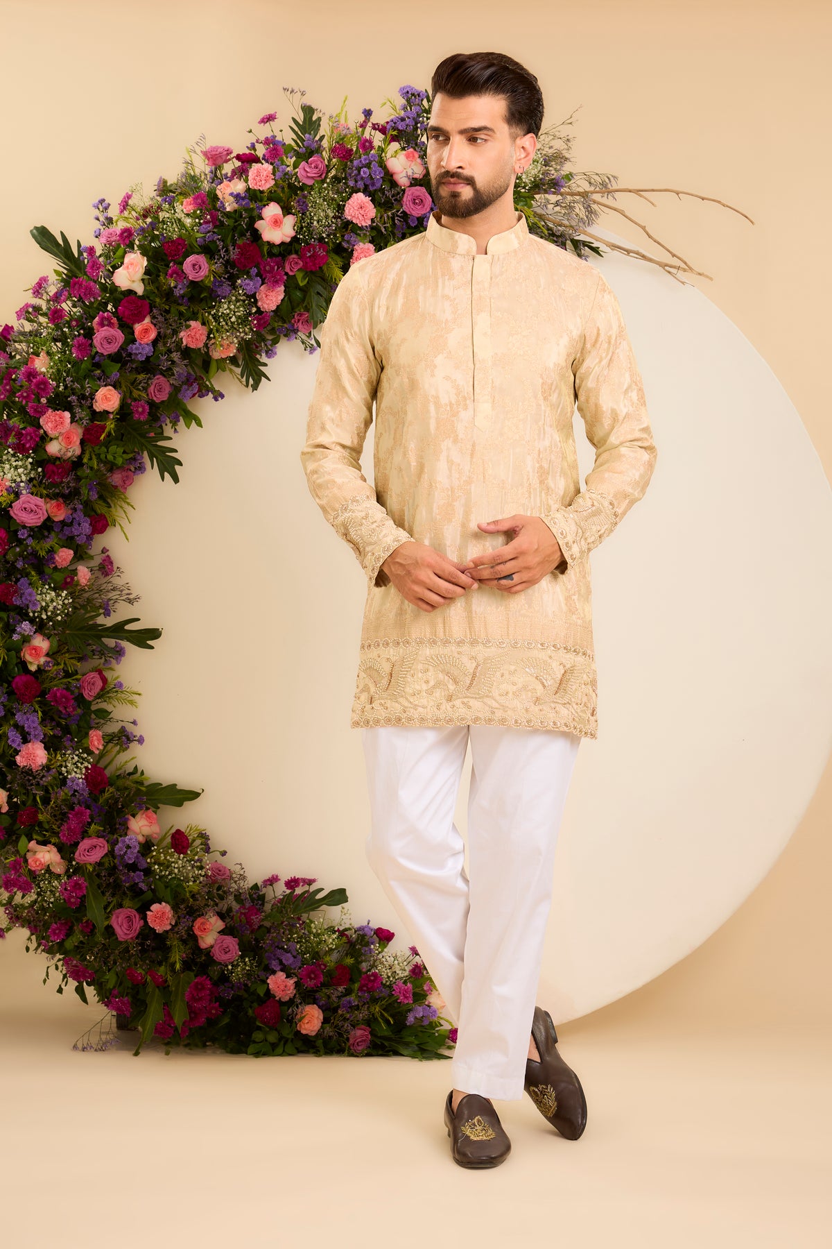The Golden Tissue Kurta with a Flamingo-Embroidered Ghera