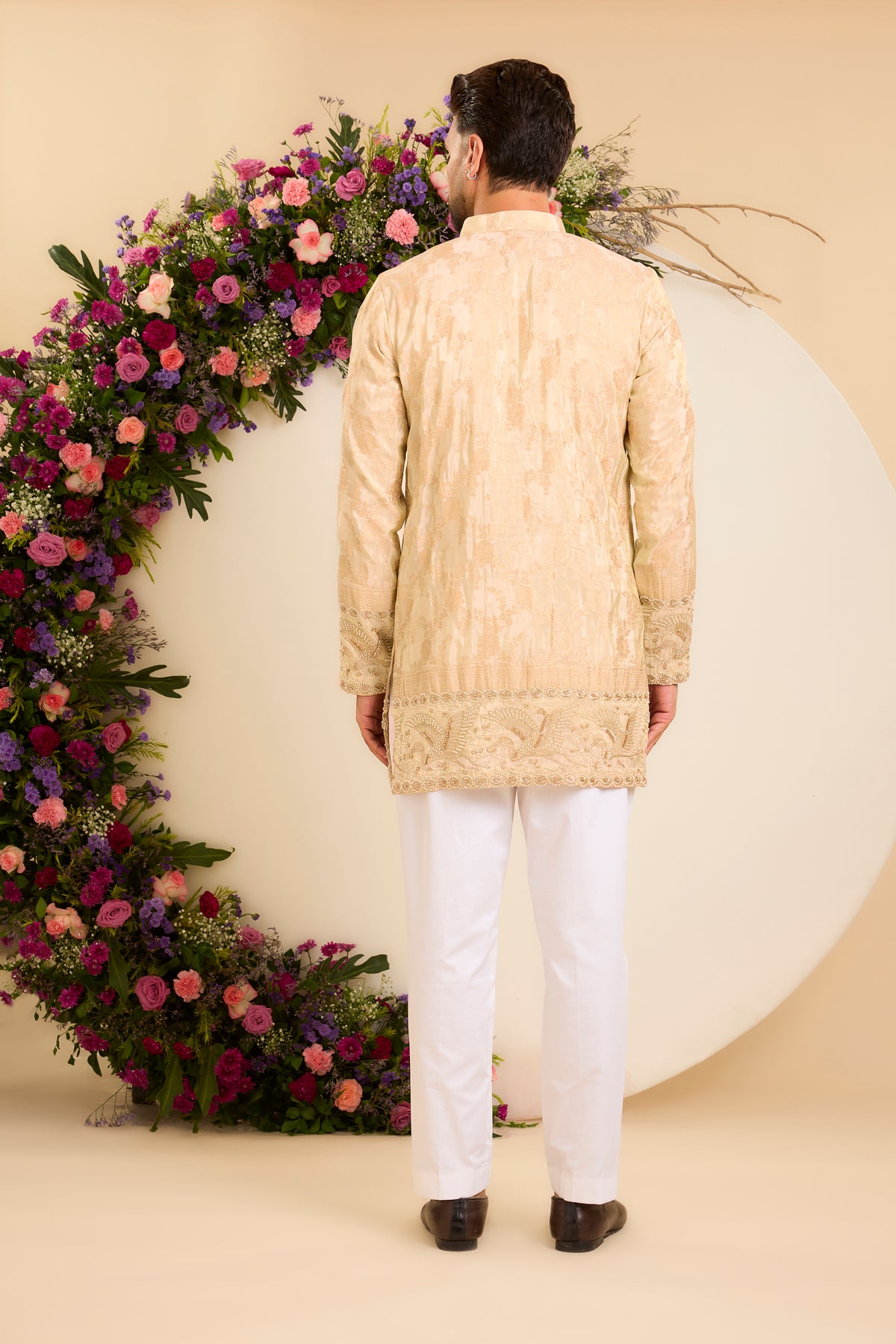 The Golden Tissue Kurta with a Flamingo-Embroidered Ghera