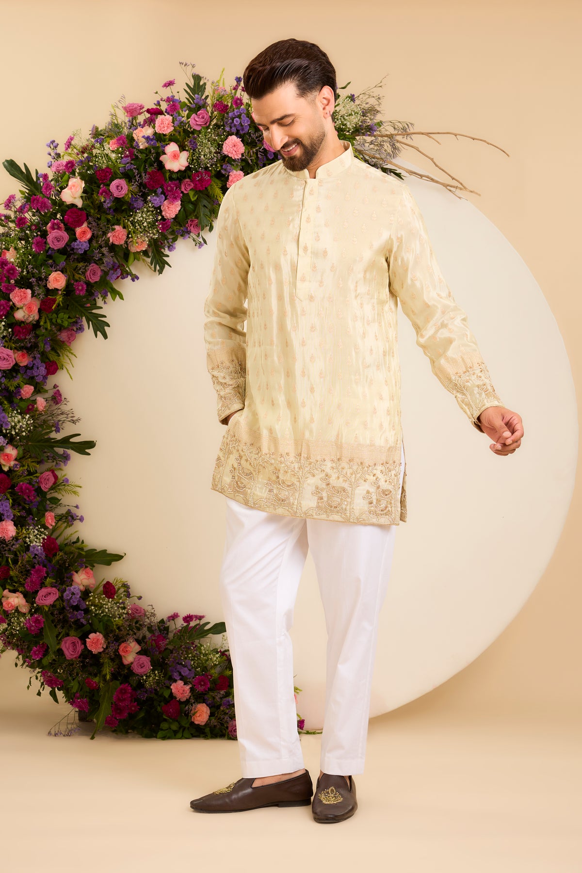The Golden Tissue Kurta with a  deer-Embroidered Ghera