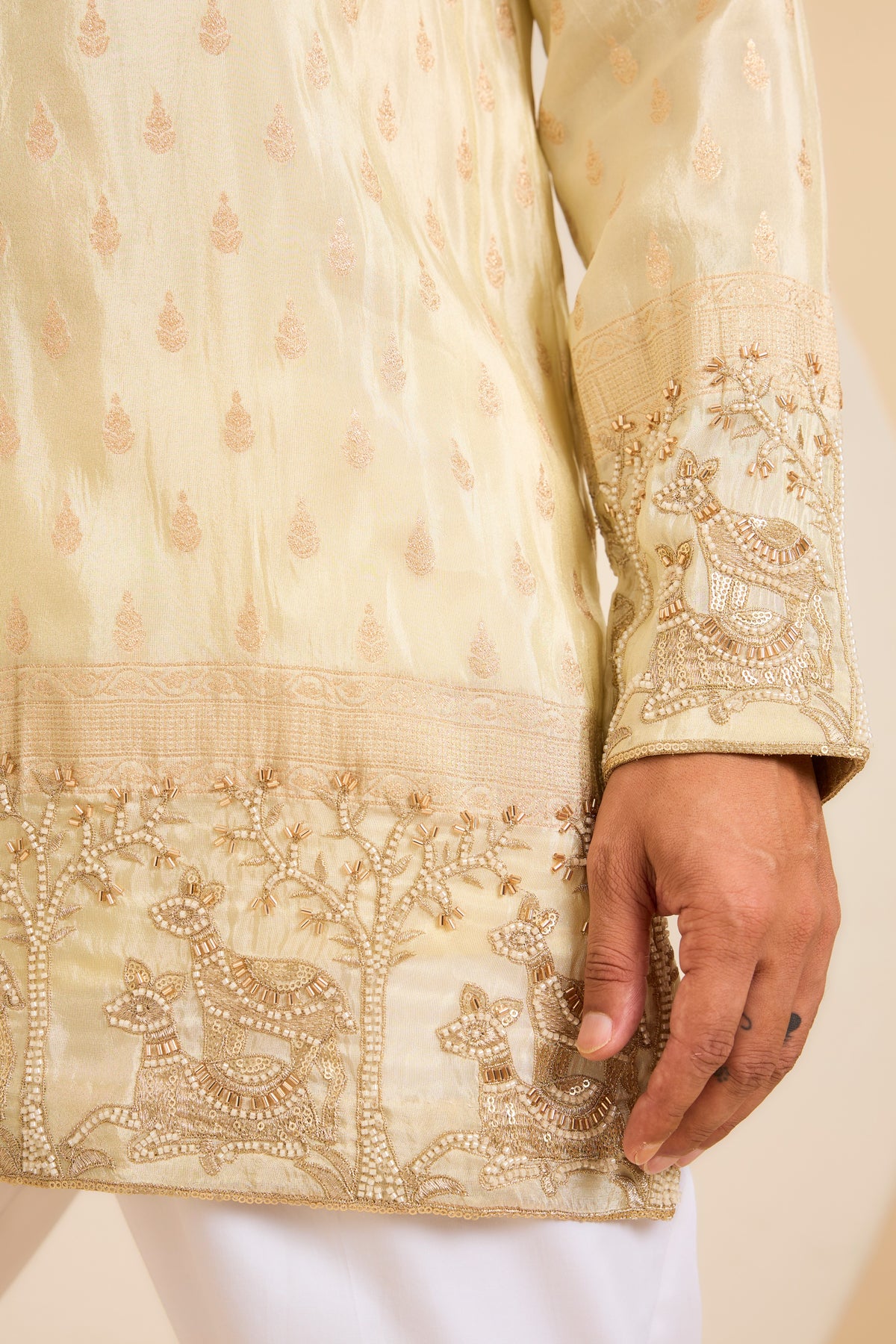 The Golden Tissue Kurta with a  deer-Embroidered Ghera